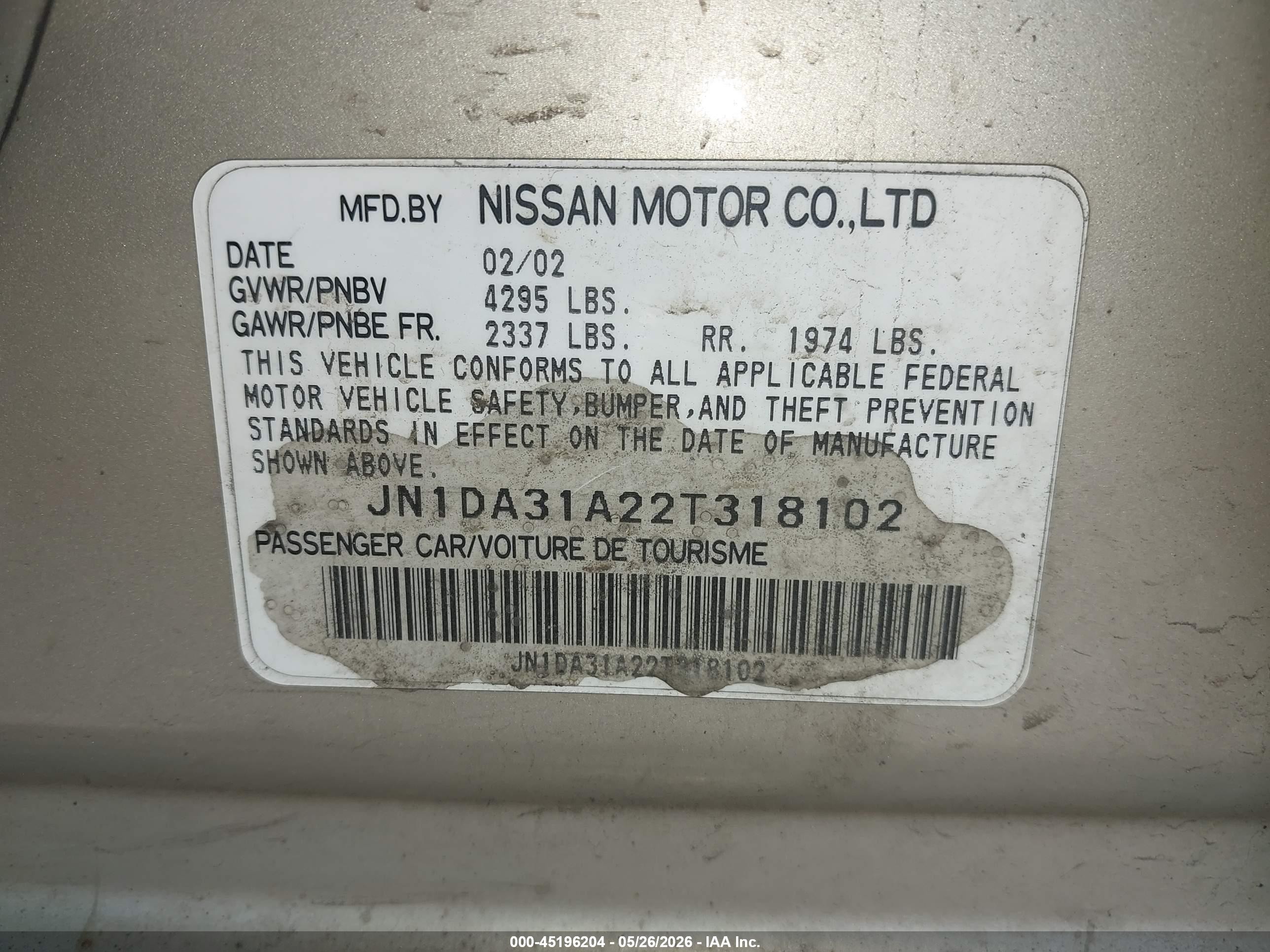 2002 Nissan Maxima Gle Gold vin: JN1DA31A22T318102