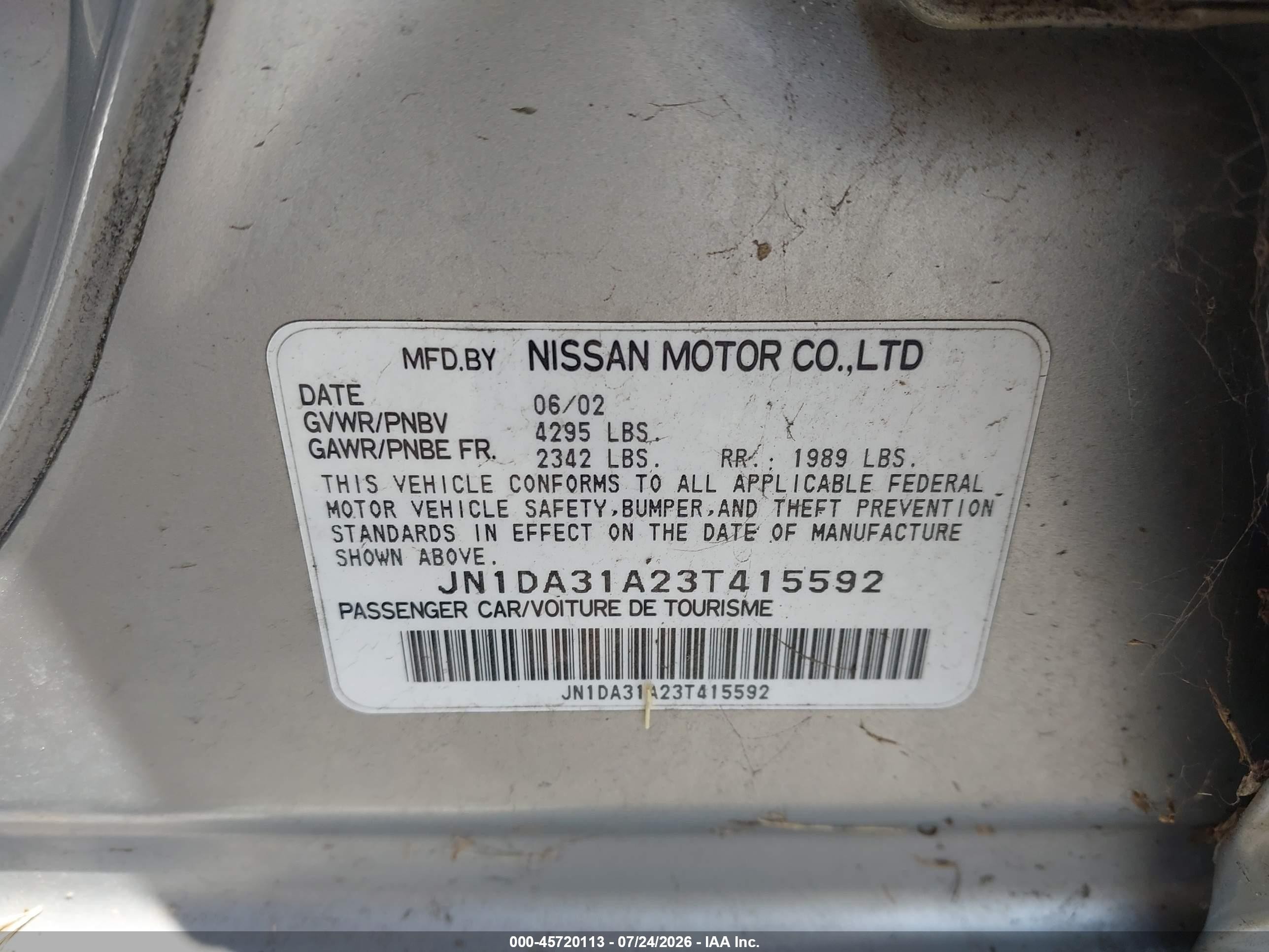 2003 Nissan Maxima Gle Silver vin: JN1DA31A23T415592