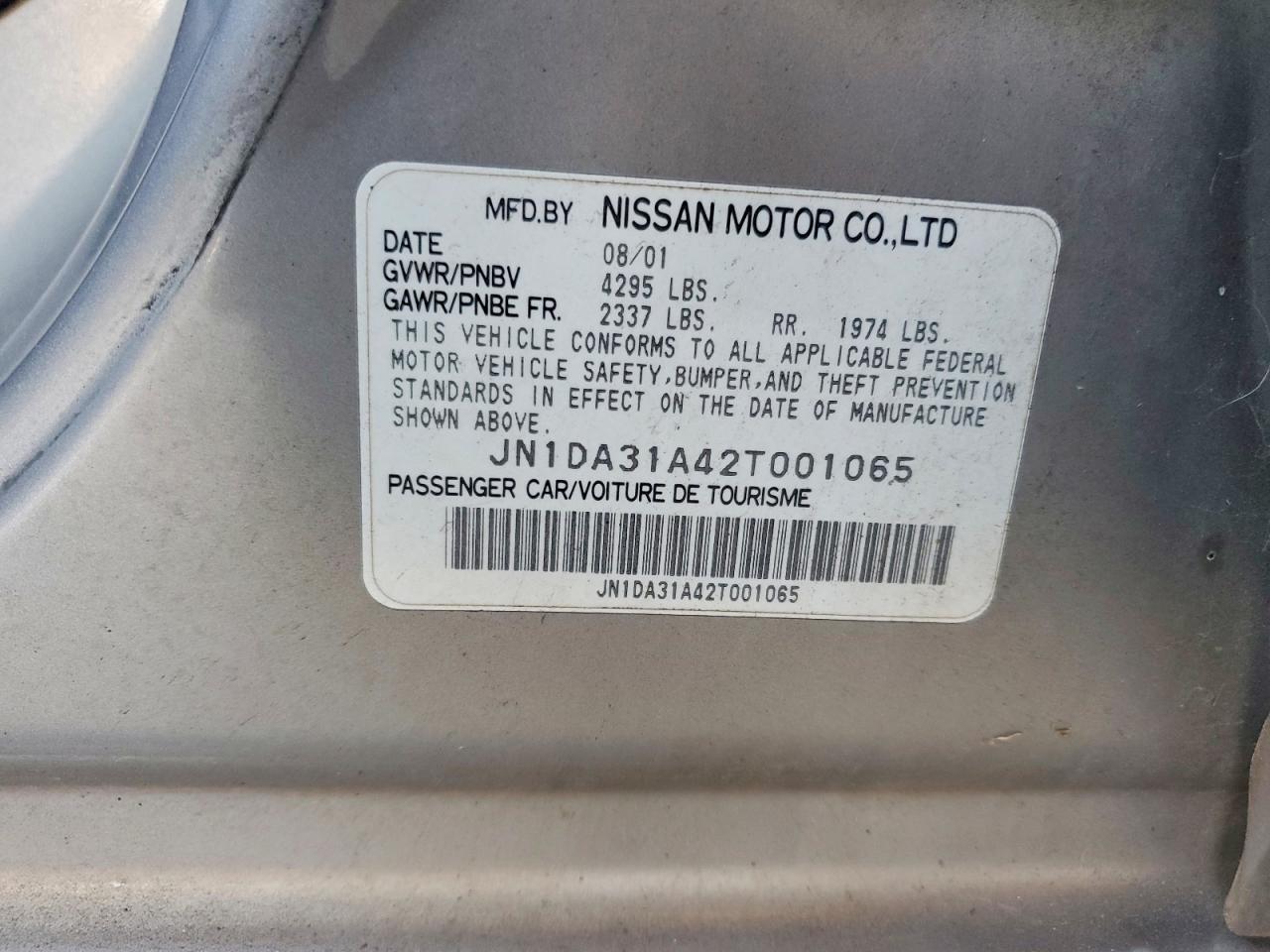 2002 Nissan Maxima Se Gray vin: JN1DA31A42T001065