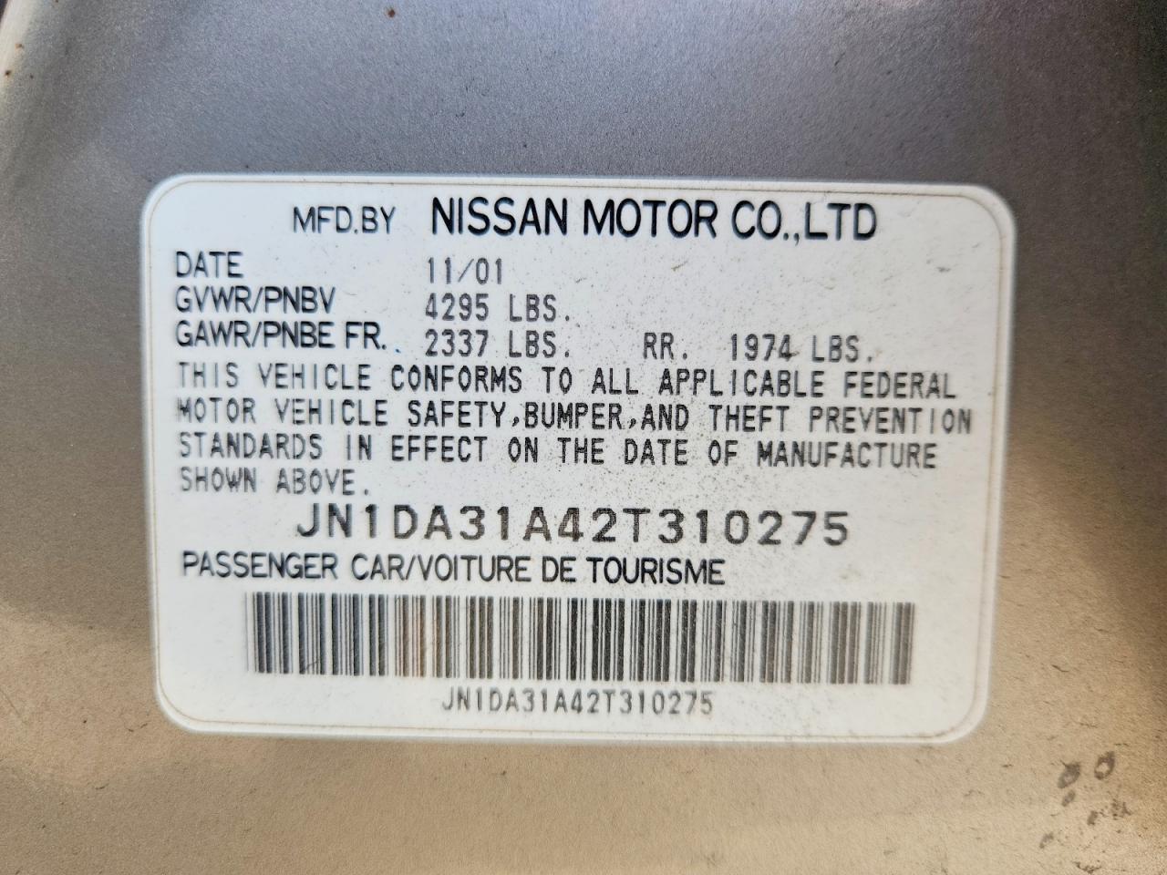 2002 Nissan Maxima Gxe Серый vin: JN1DA31A42T310275