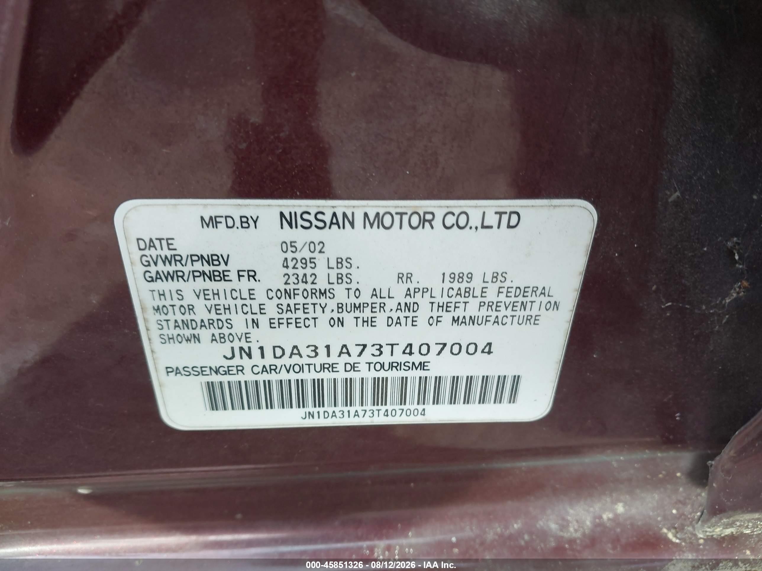 2003 Nissan Maxima Gle Maroon vin: JN1DA31A73T407004
