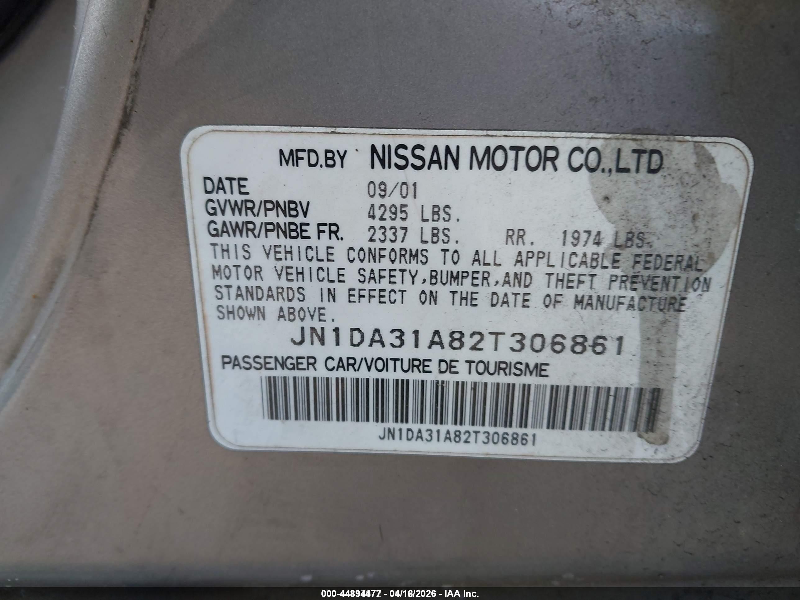 2002 Nissan Maxima Se Gray vin: JN1DA31A82T306861