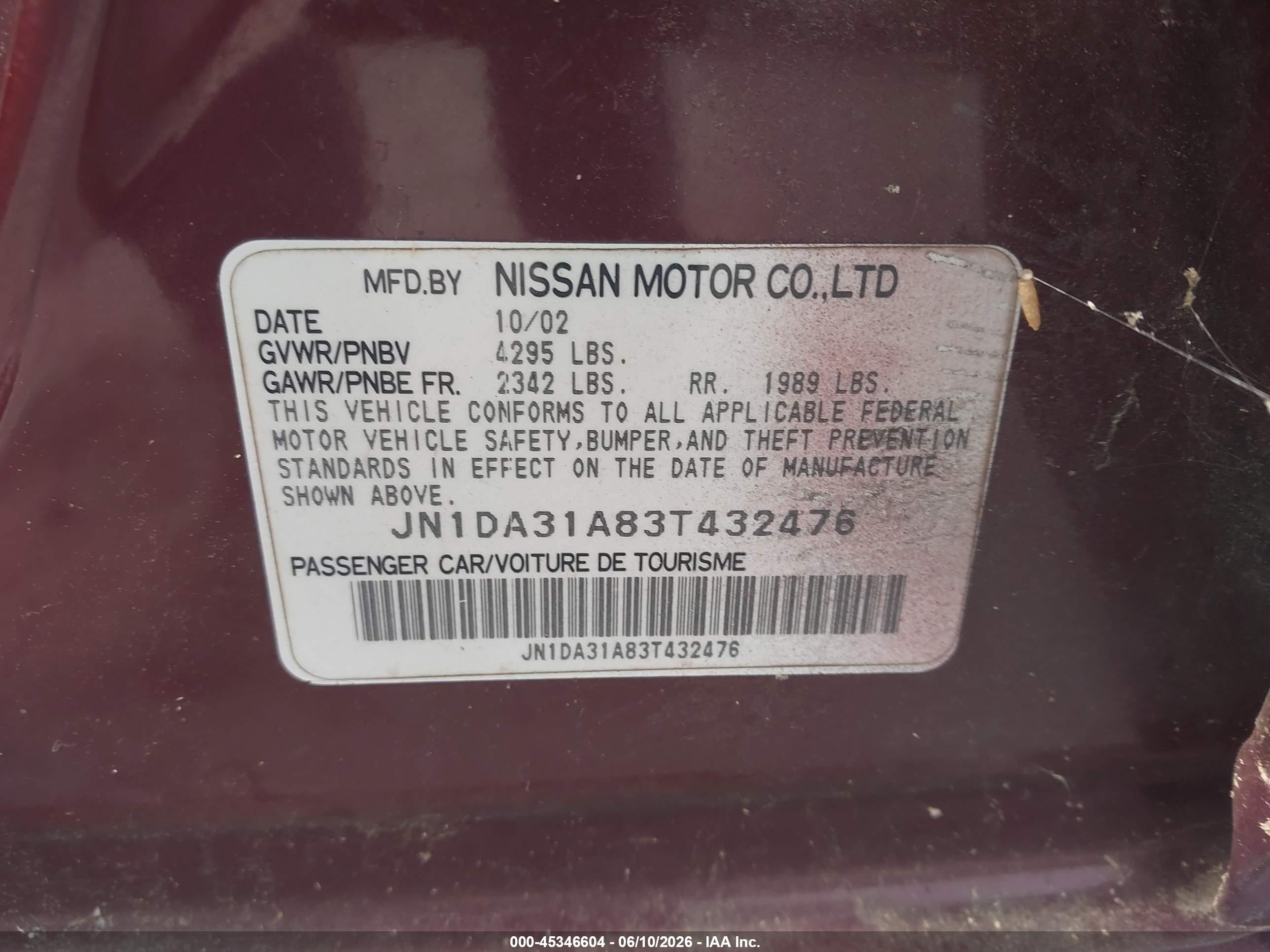 2003 Nissan Maxima Gle Burgundy vin: JN1DA31A83T432476