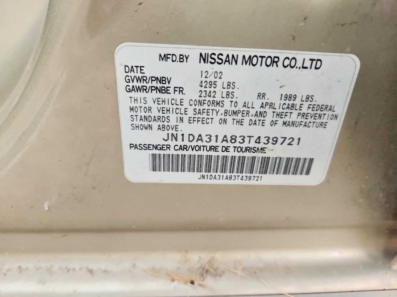 2003 Nissan Maxima Gxe Gold vin: JN1DA31A83T439721