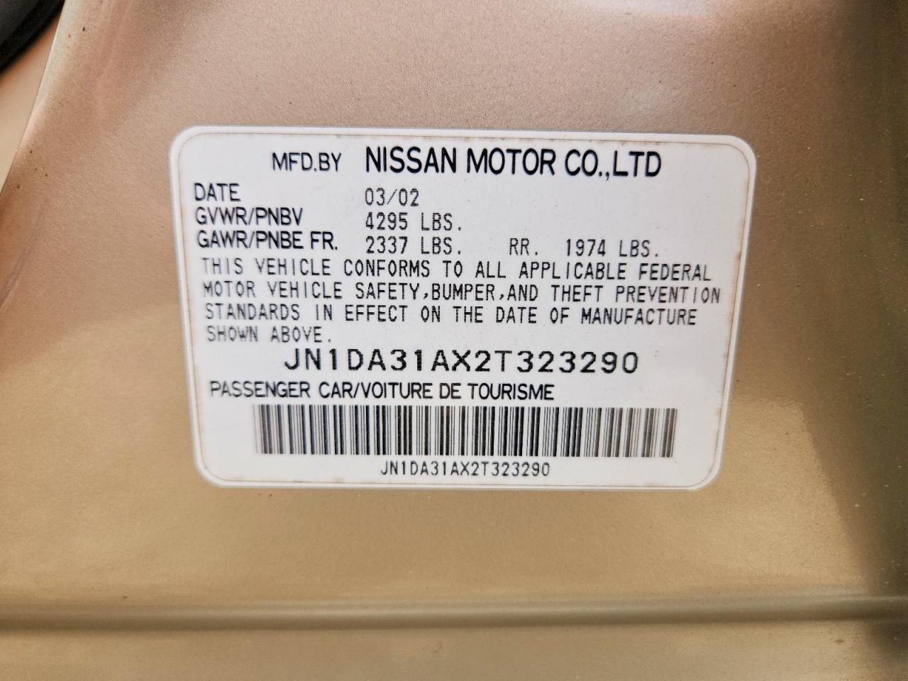 2002 Nissan Maxima Gxe Gold vin: JN1DA31AX2T323290
