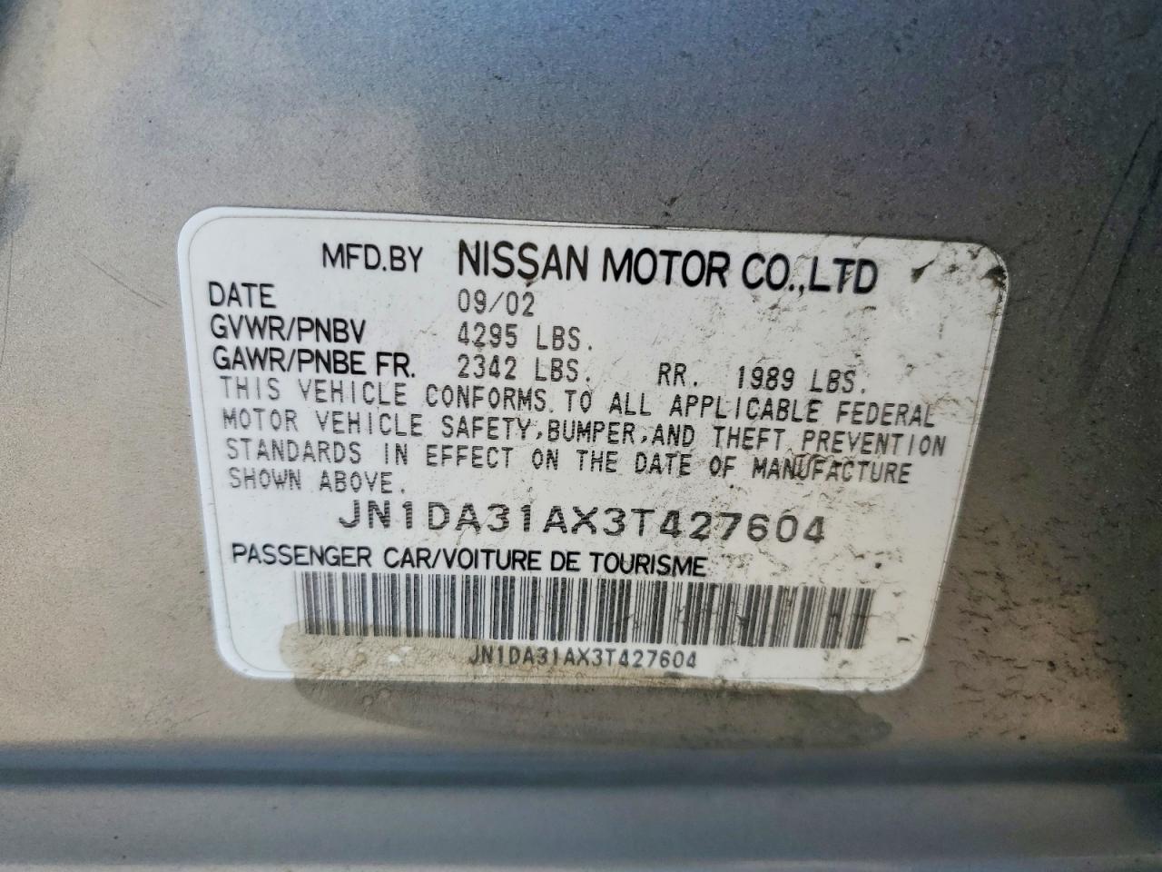 2003 Nissan Maxima Gle/se Gray vin: JN1DA31AX3T427604
