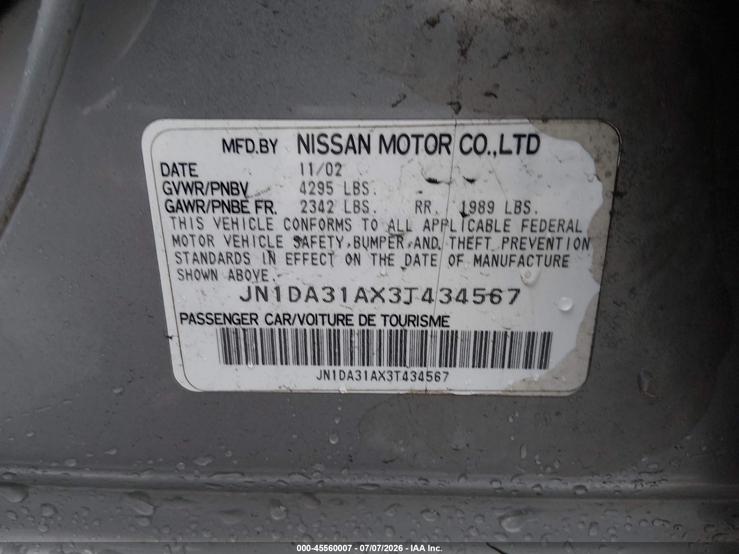 2003 Nissan Maxima Se Silver vin: JN1DA31AX3T434567
