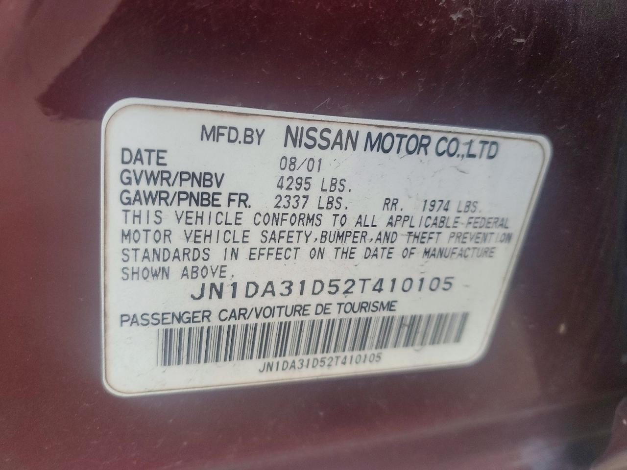 2002 Nissan Maxima Burgundy vin: JN1DA31D52T410105