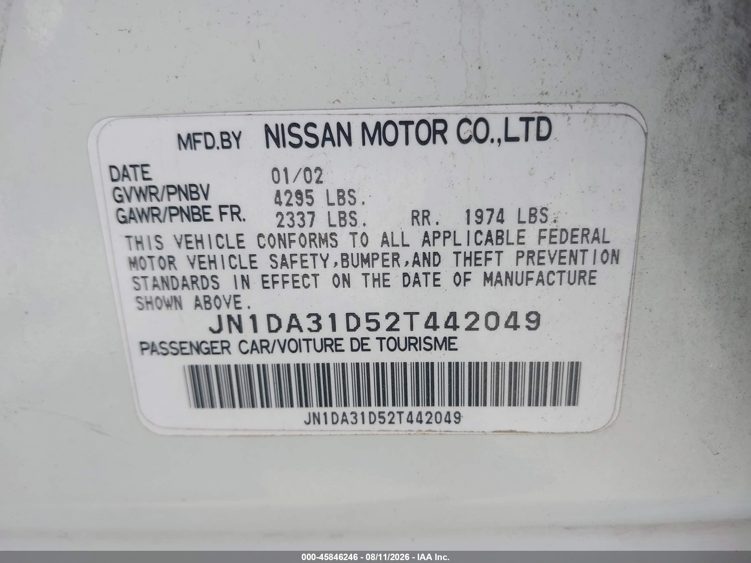 2002 Nissan Maxima Gle White vin: JN1DA31D52T442049