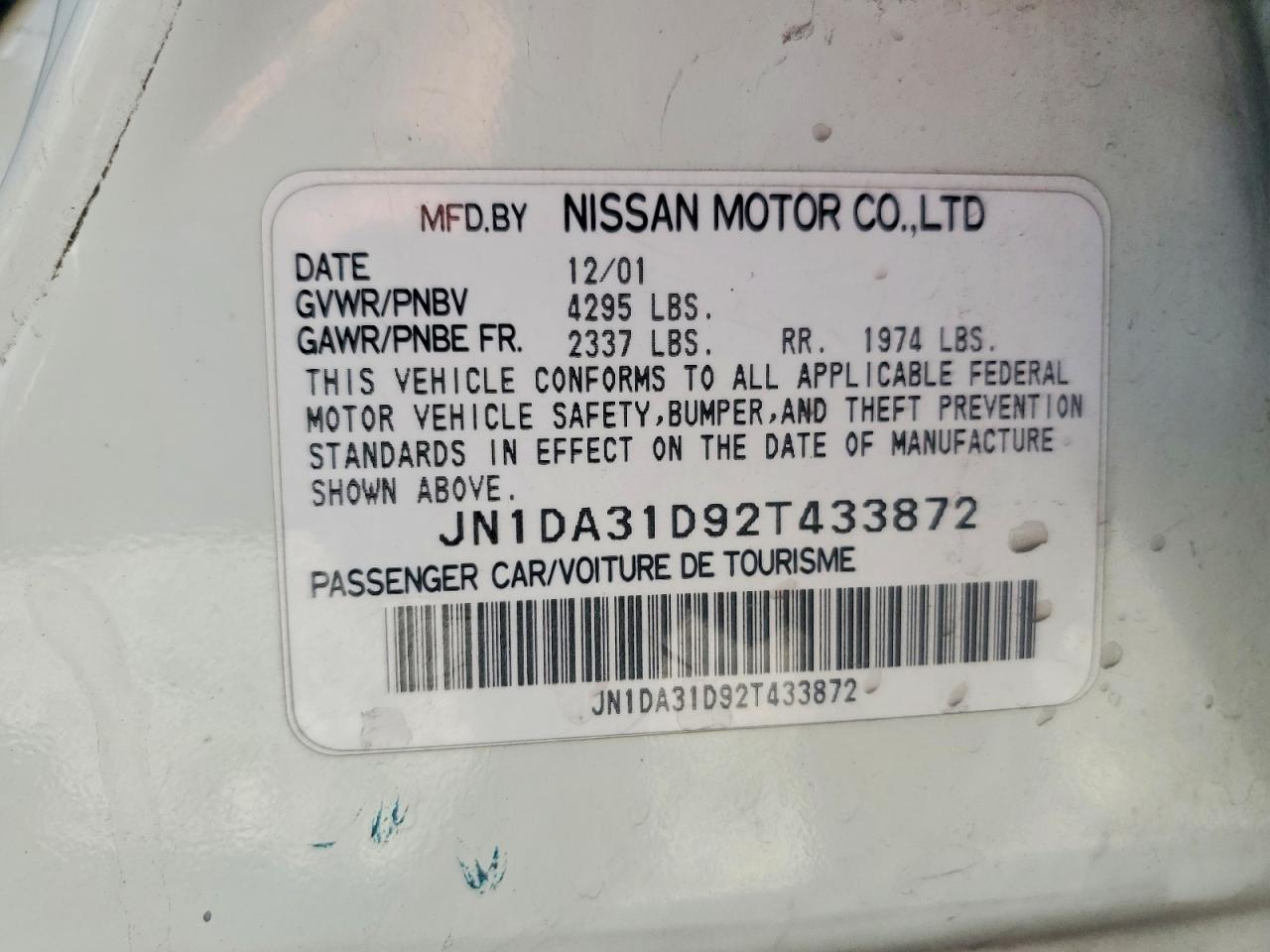 2002 Niss Maxima Gle Белый vin: JN1DA31D92T433872