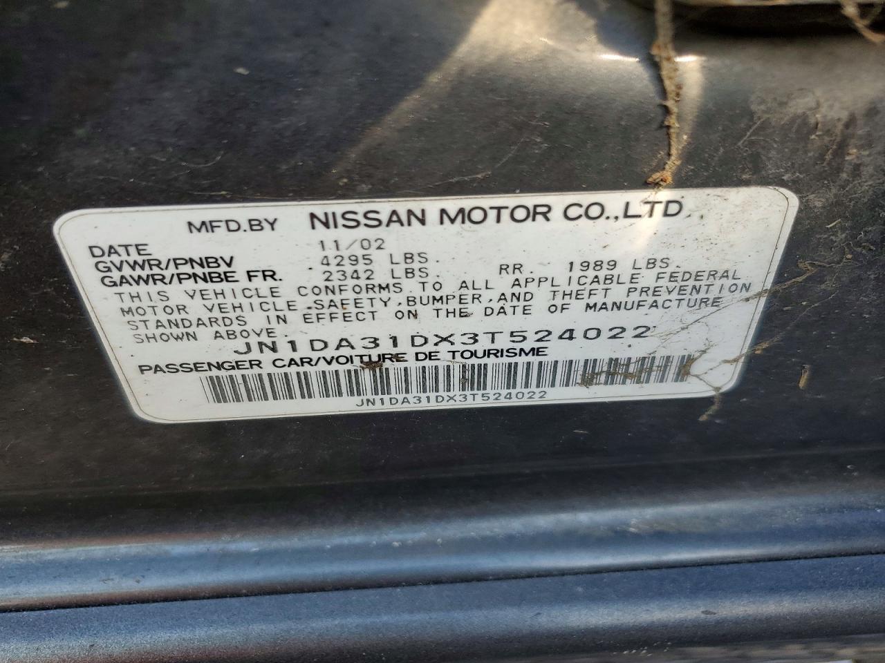 2003 Nissan Maxima Gxe Gray vin: JN1DA31DX3T524022