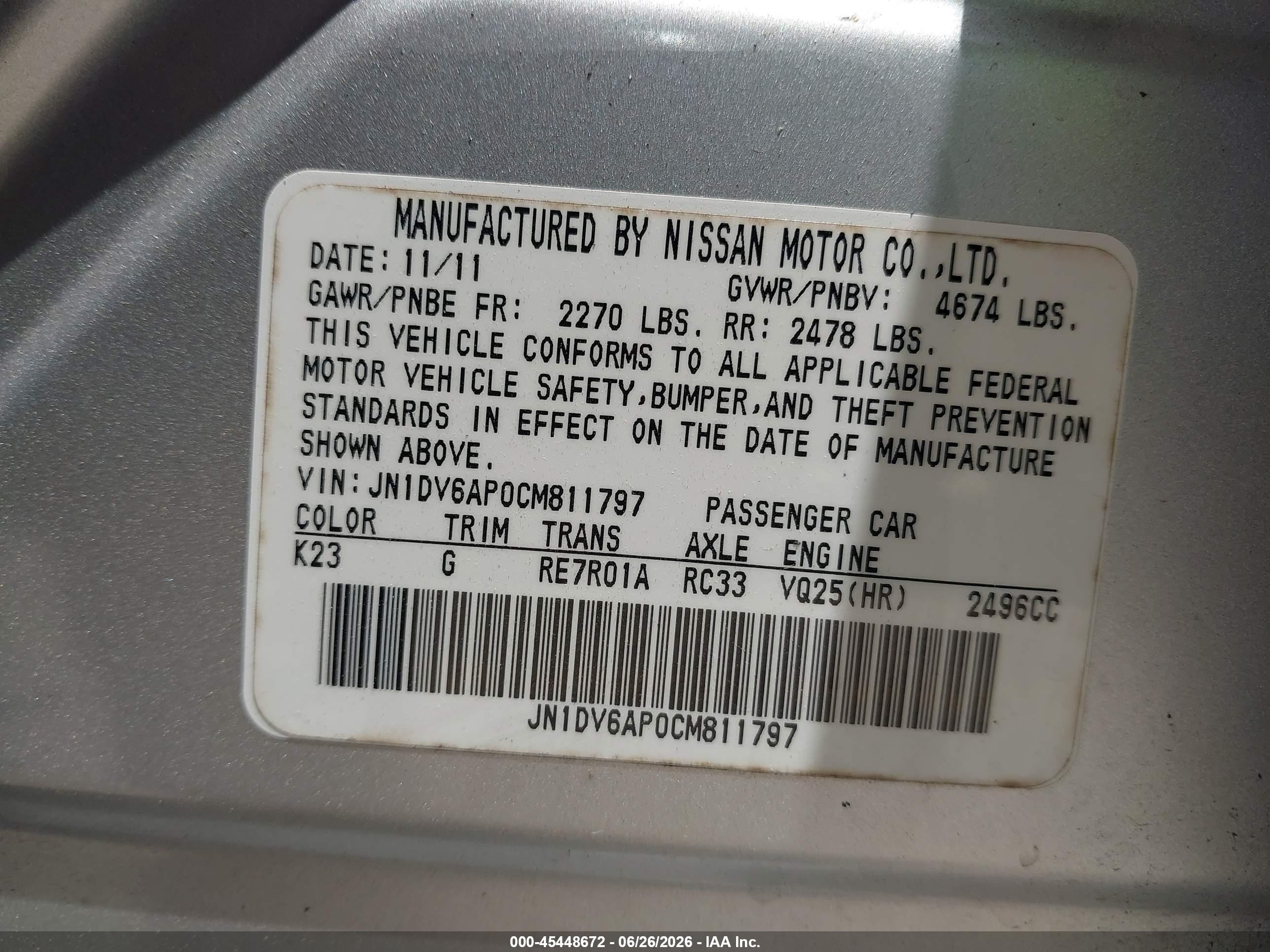 2012 Infiniti G25 Journey Silver vin: JN1DV6AP0CM811797