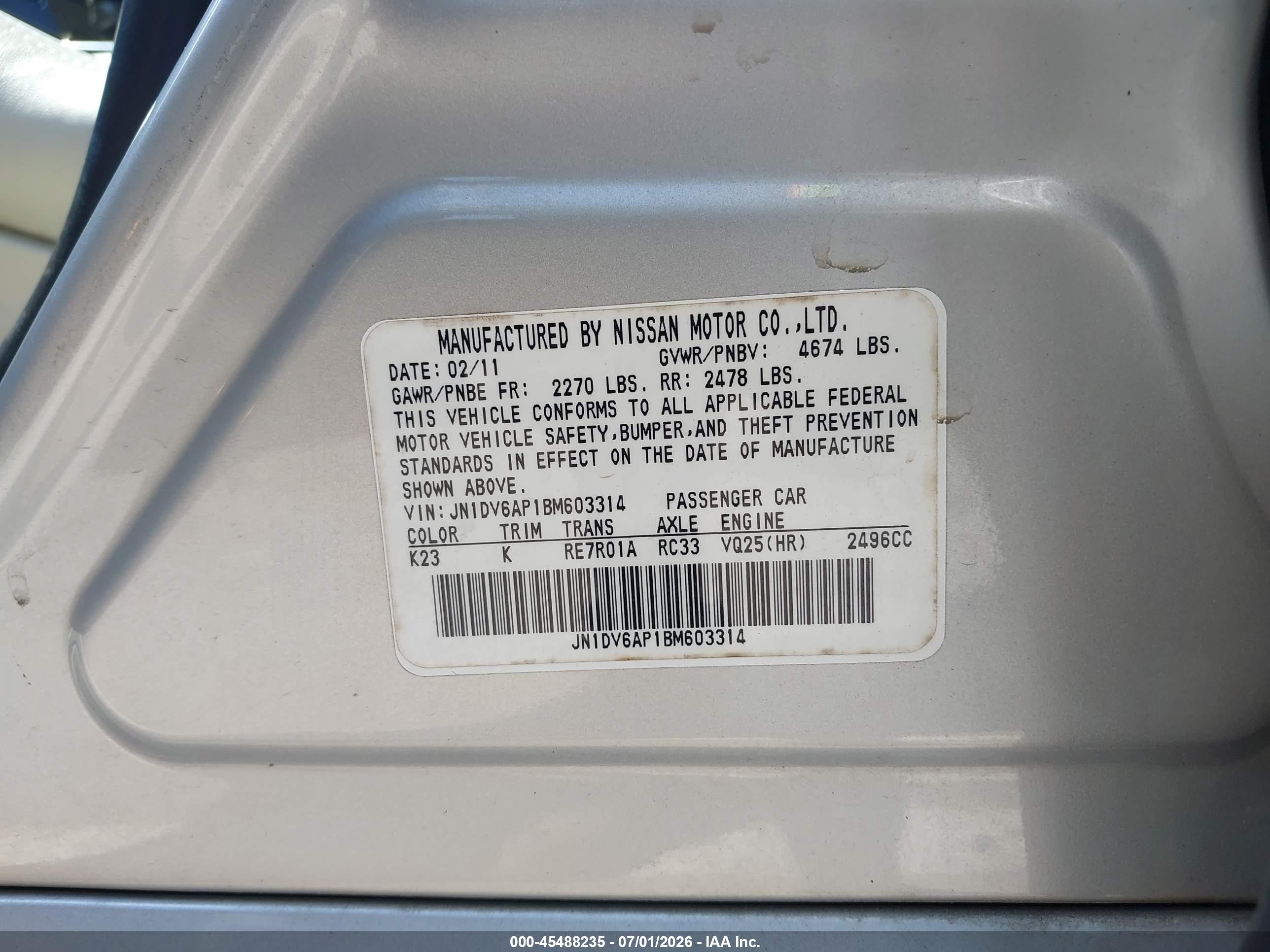 2011 Infiniti G25 Journey Silver vin: JN1DV6AP1BM603314