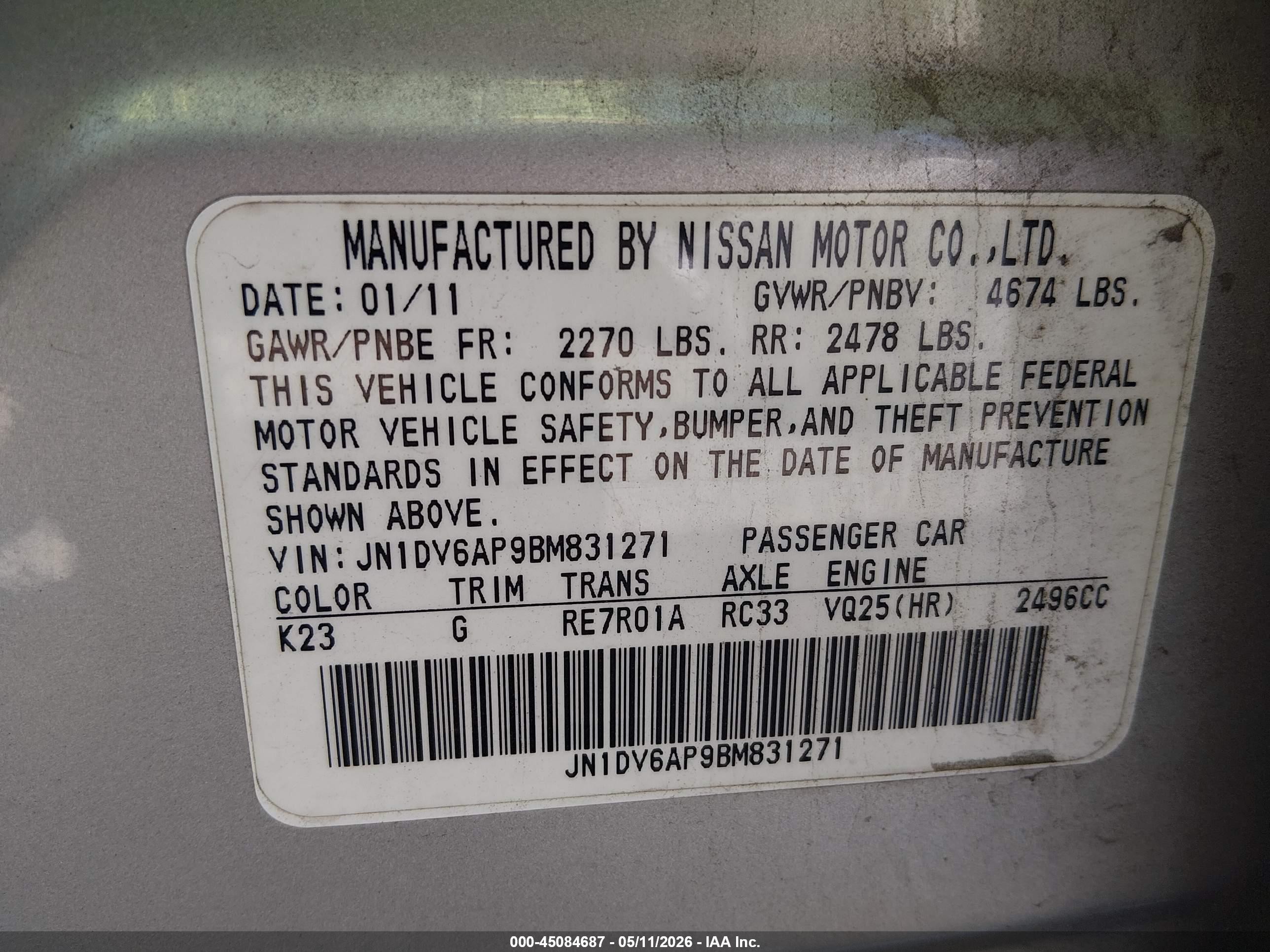 2011 Infiniti G25 Journey Silver vin: JN1DV6AP9BM831271