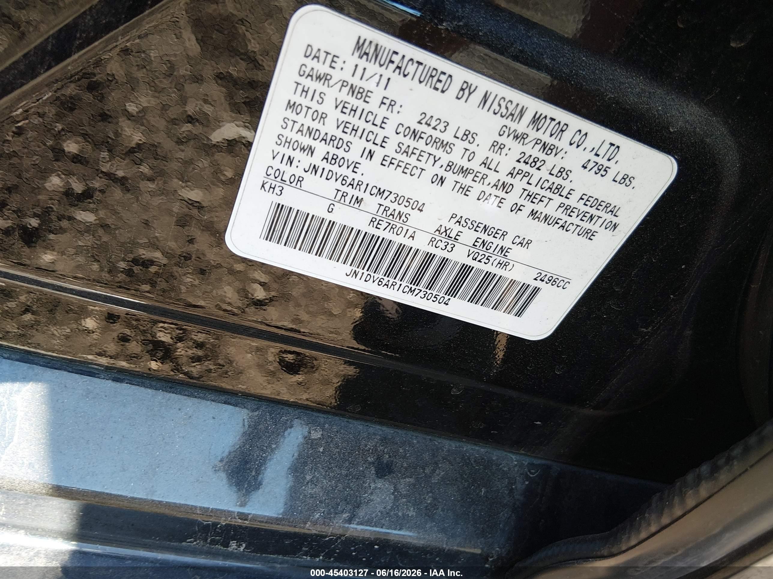 2012 Infiniti G25x   Black vin: JN1DV6AR1CM730504