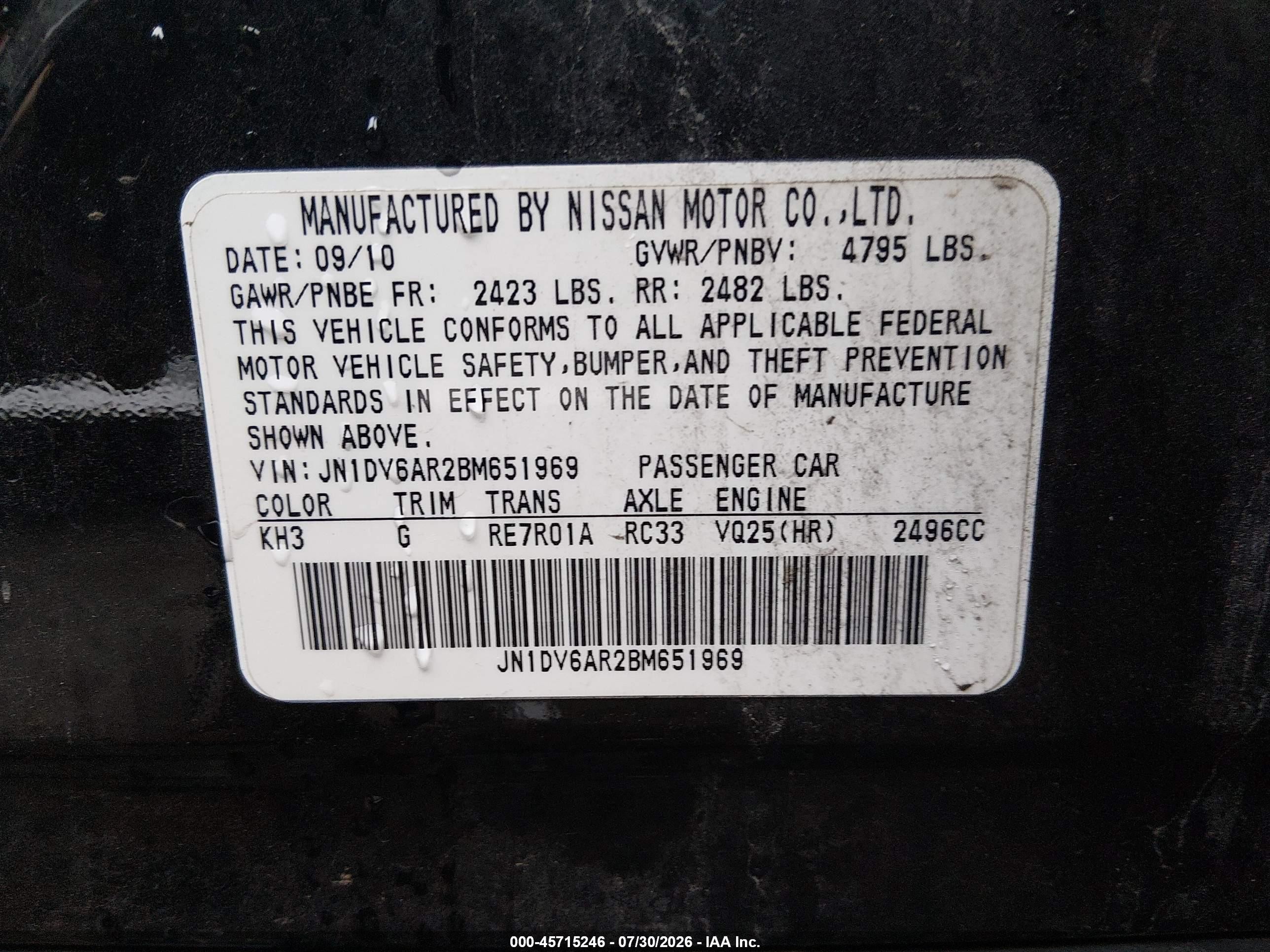 2011 Infiniti G25x   Black vin: JN1DV6AR2BM651969
