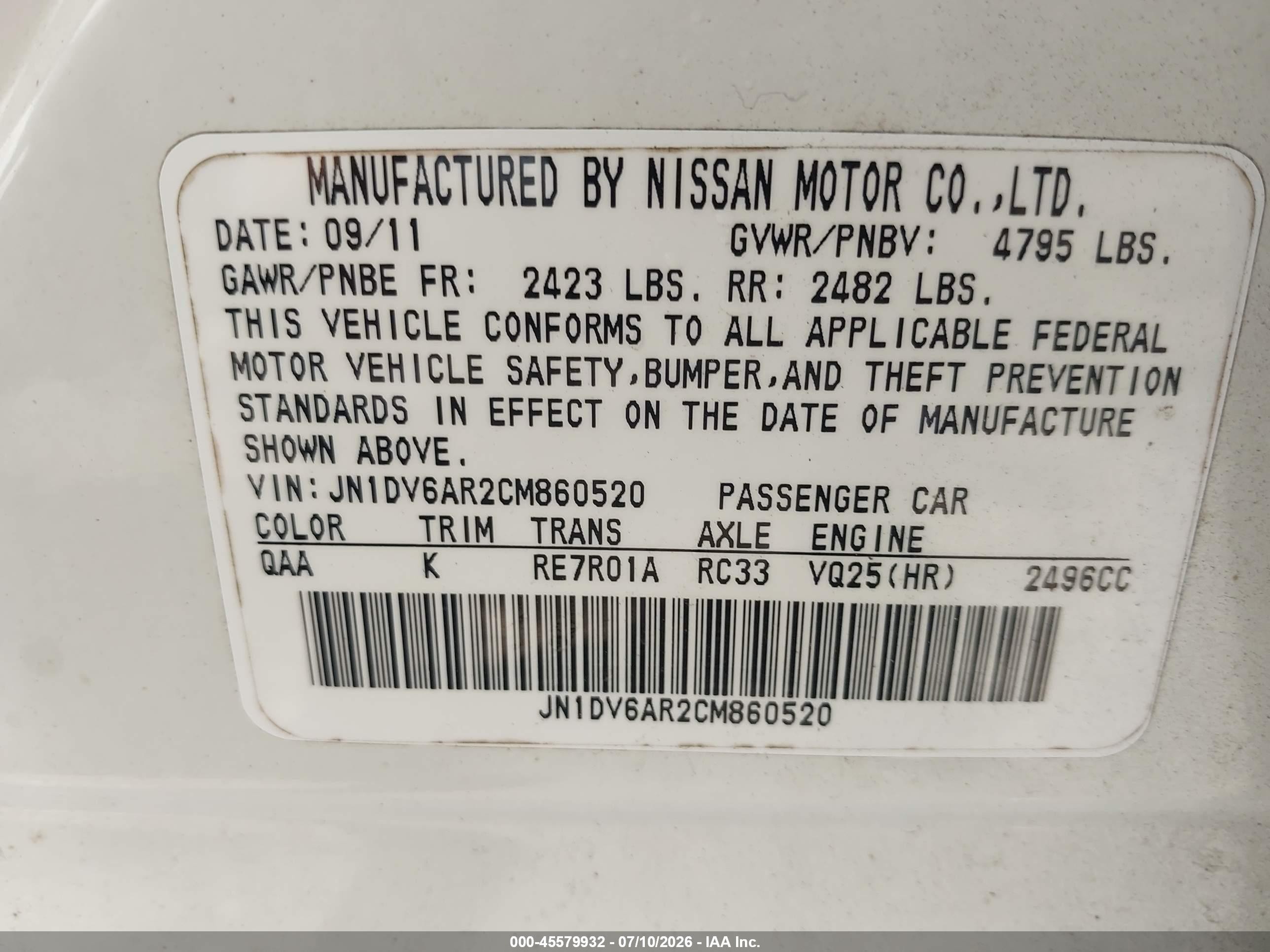 2012 Infiniti G25x White vin: JN1DV6AR2CM860520