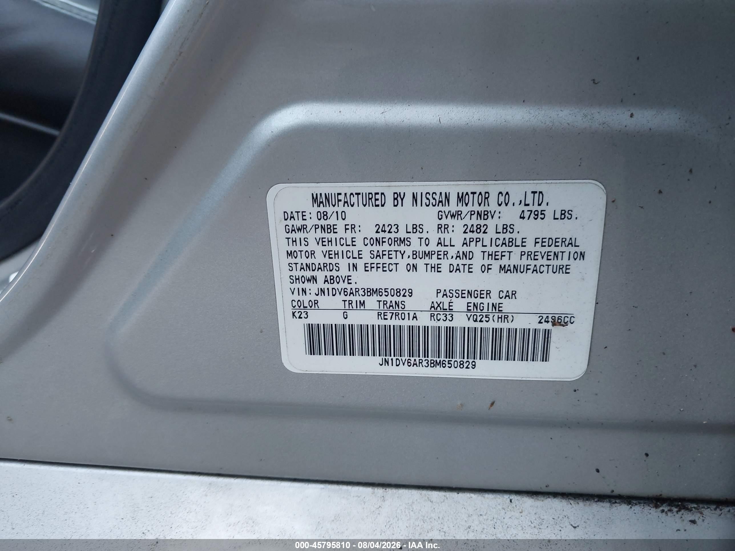 2011 Infiniti G25x Silver vin: JN1DV6AR3BM650829