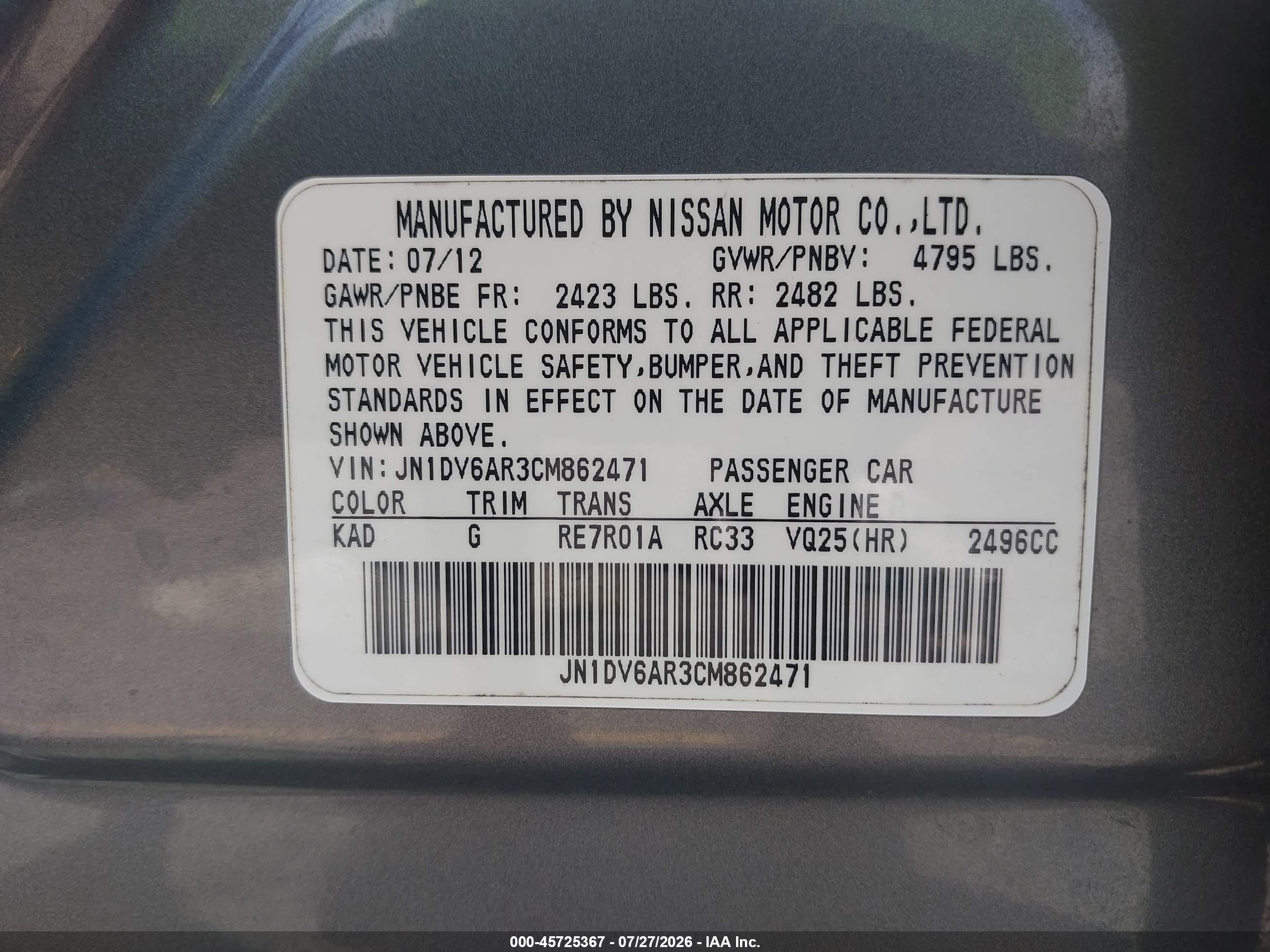 2012 Infiniti G25x   Gray vin: JN1DV6AR3CM862471