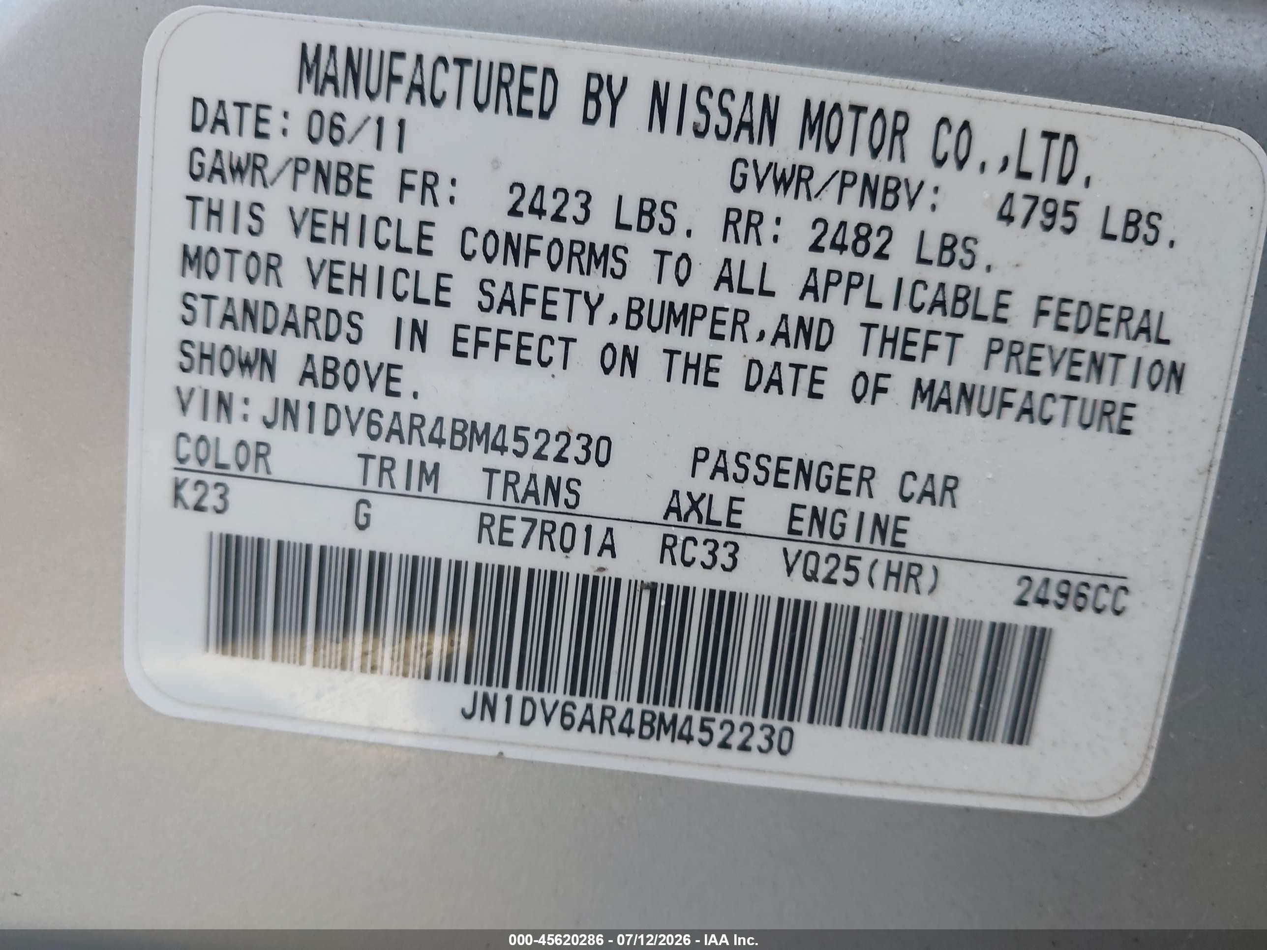 2011 Infiniti G25x Gray vin: JN1DV6AR4BM452230