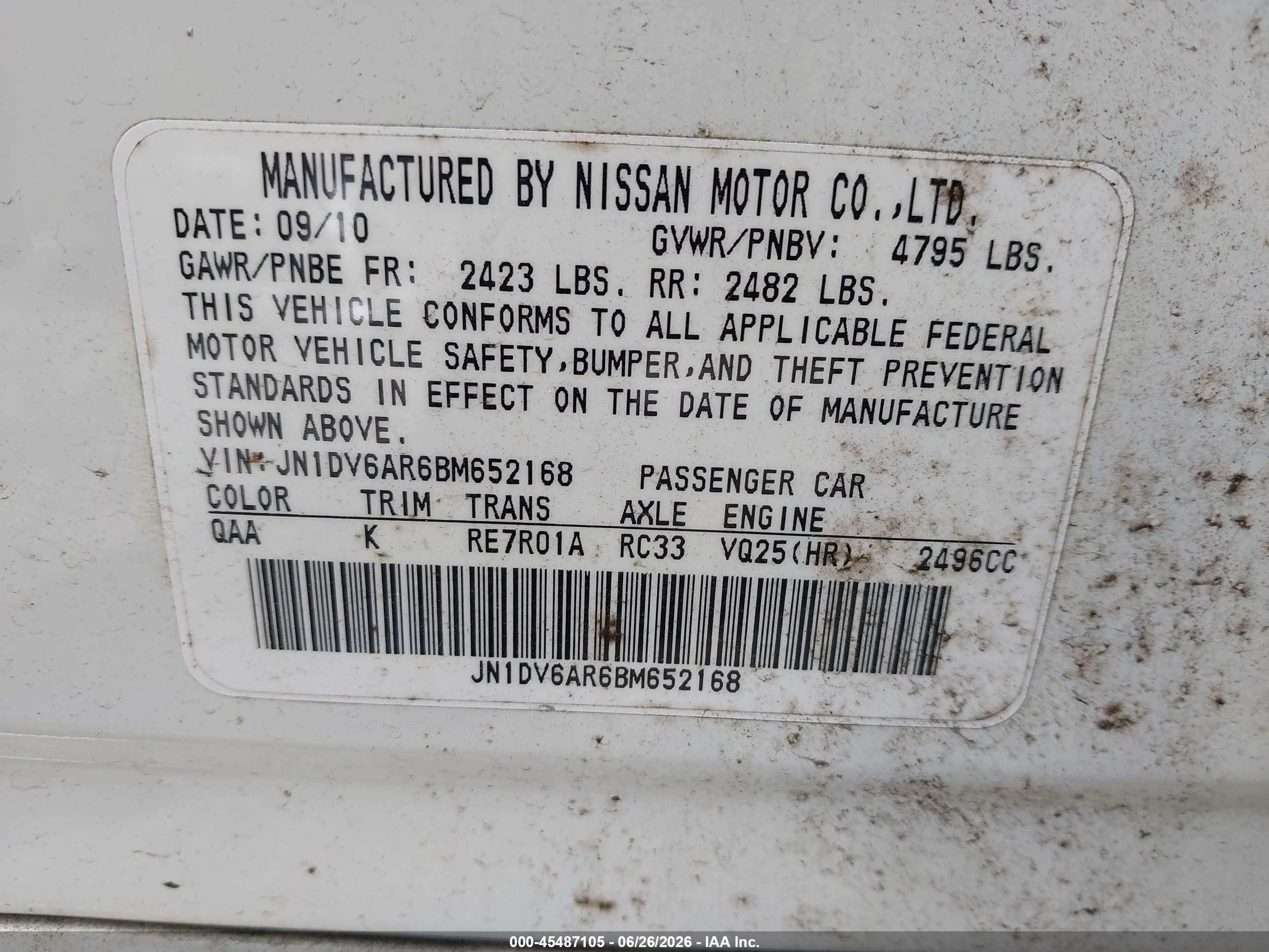 2011 Infiniti G25x   White vin: JN1DV6AR6BM652168