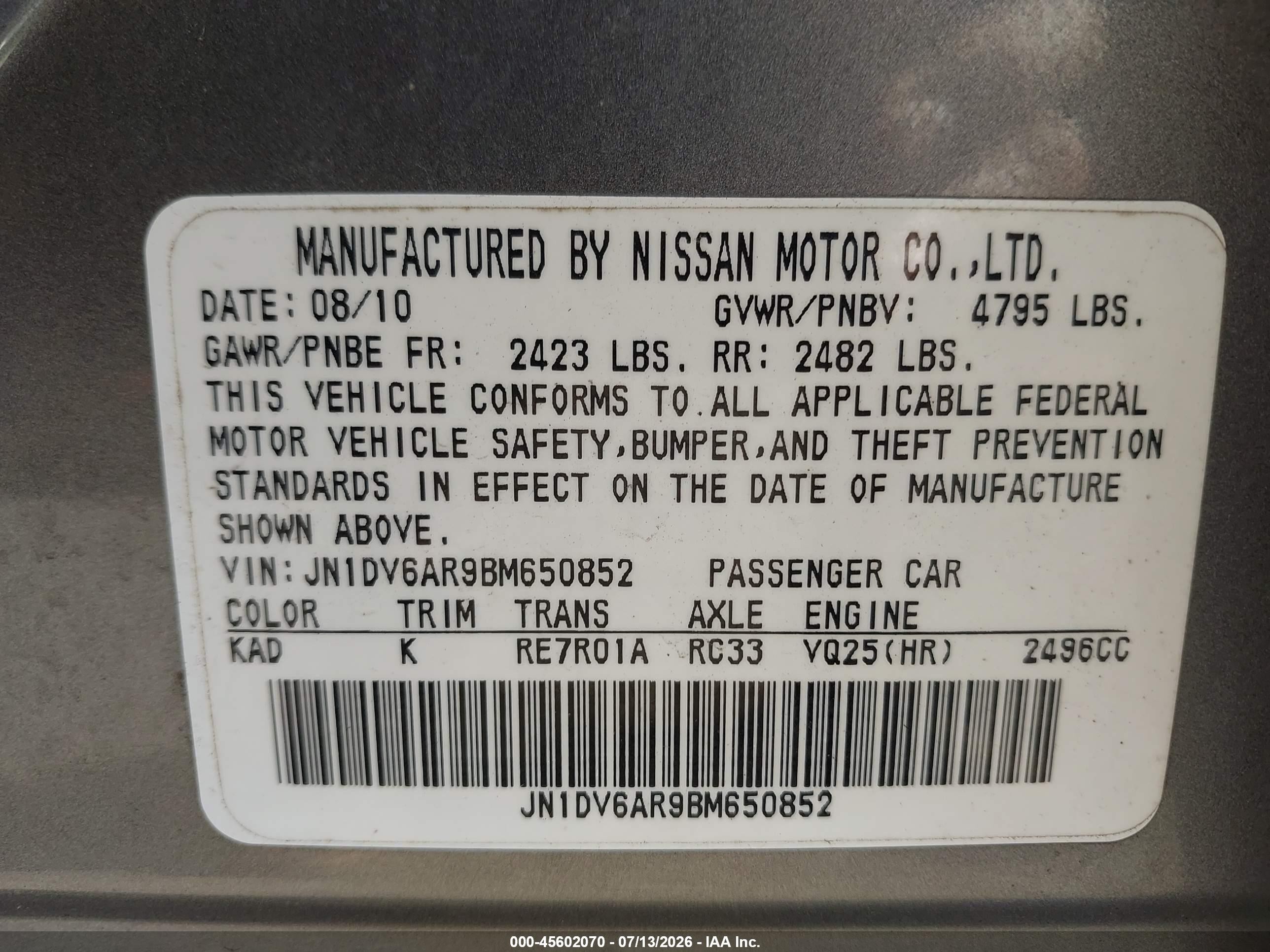 2011 Infiniti G25x   Gray vin: JN1DV6AR9BM650852