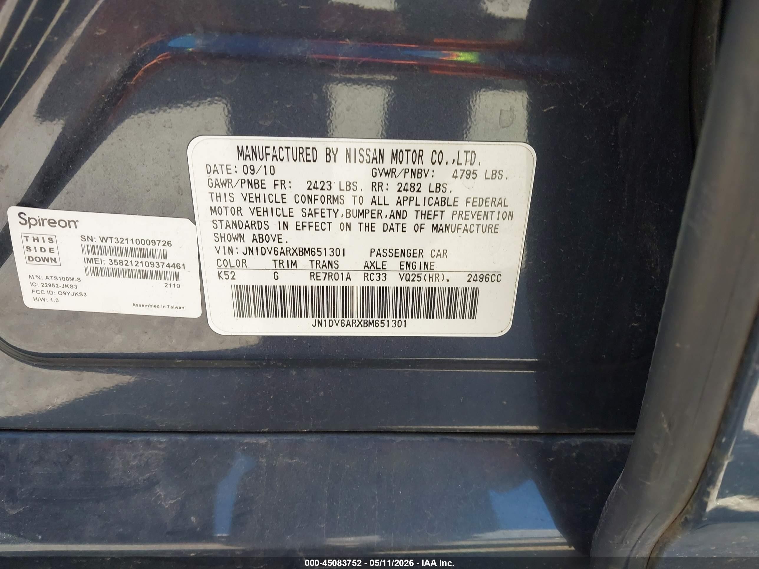 2011 Infiniti G25x   Gray vin: JN1DV6ARXBM651301