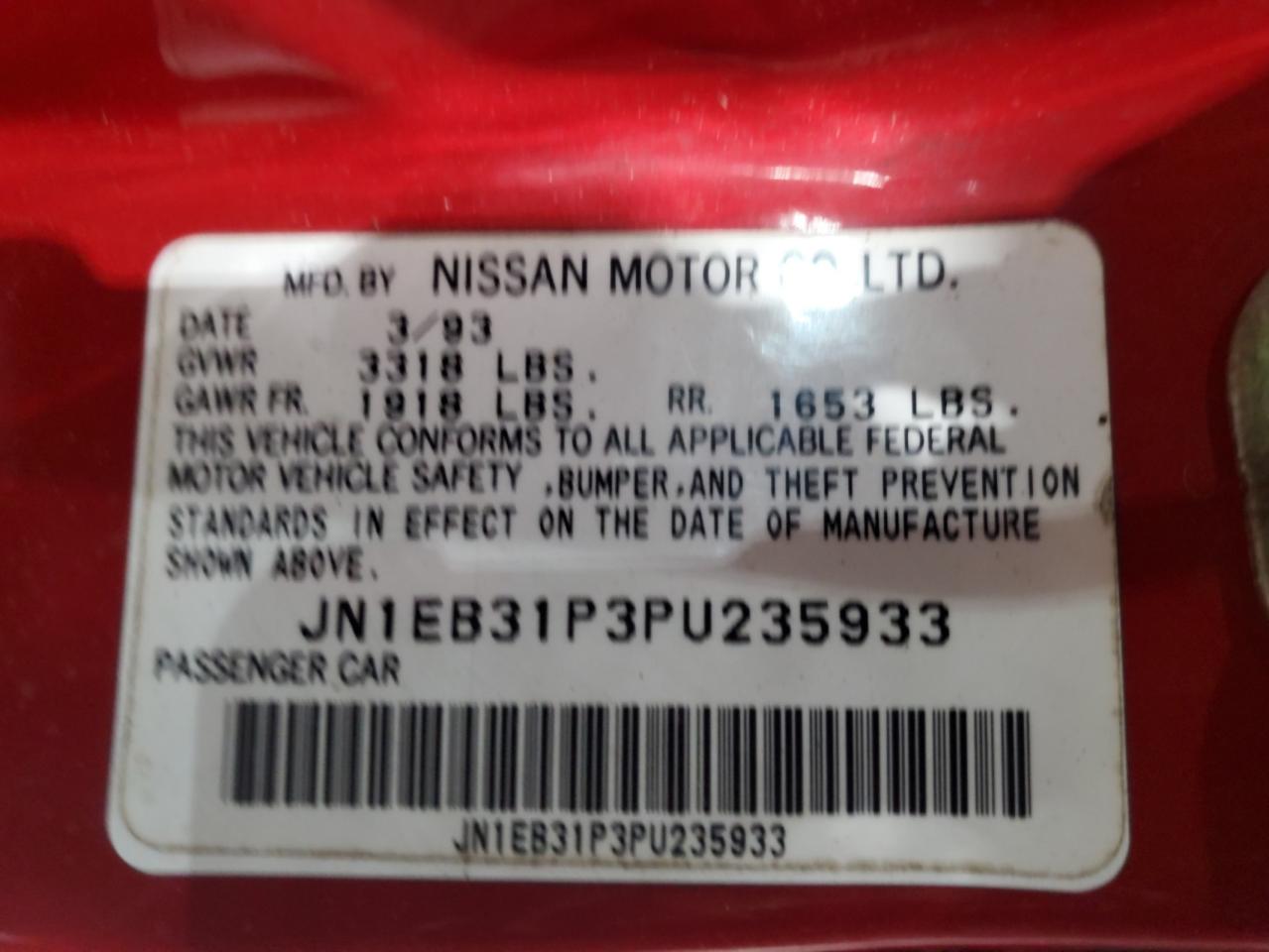 1993 Nissan Sentra E Красный vin: JN1EB31P3PU235933