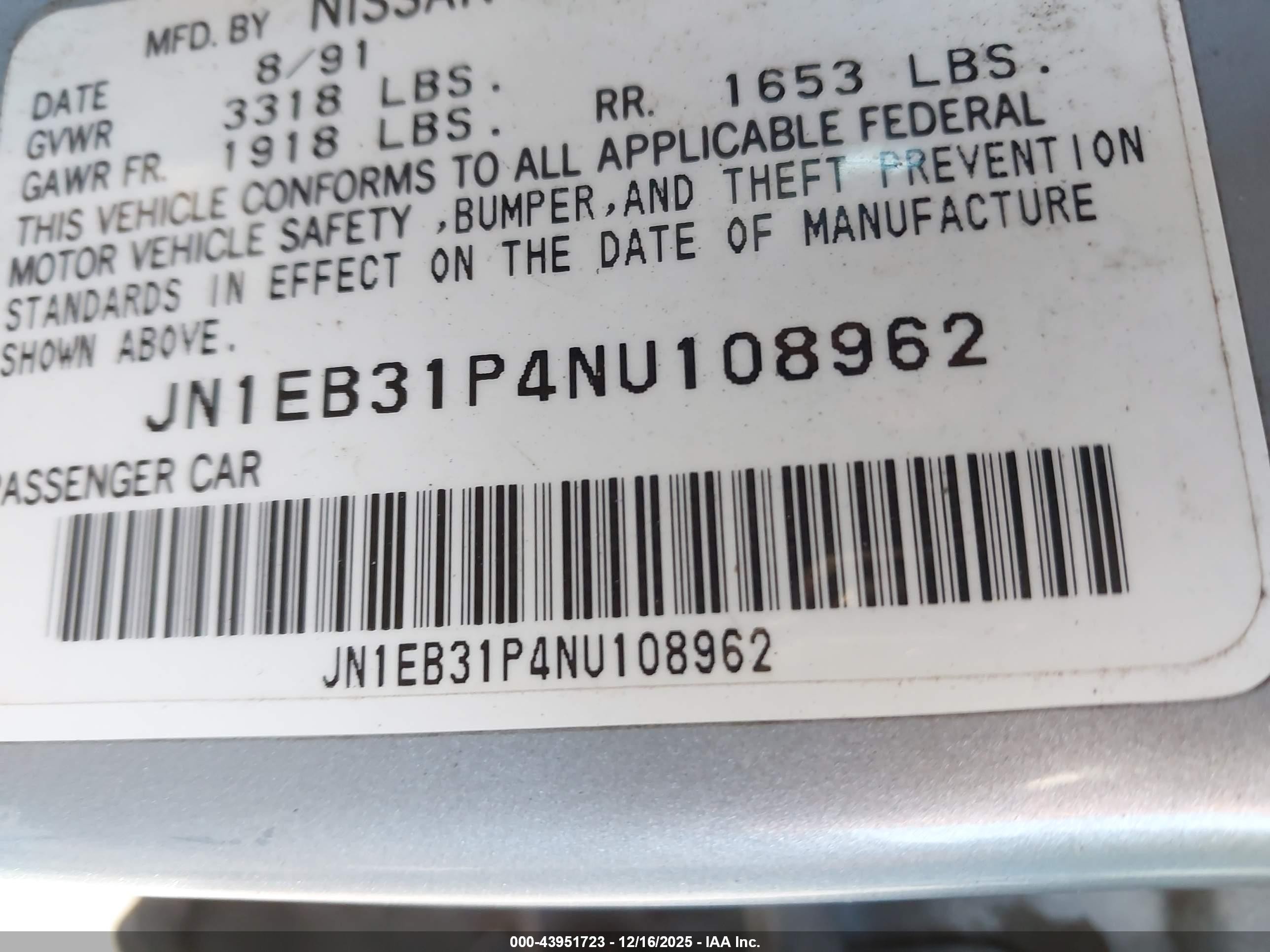 1992 Nissan Sentra   Light Blue vin: JN1EB31P4NU108962