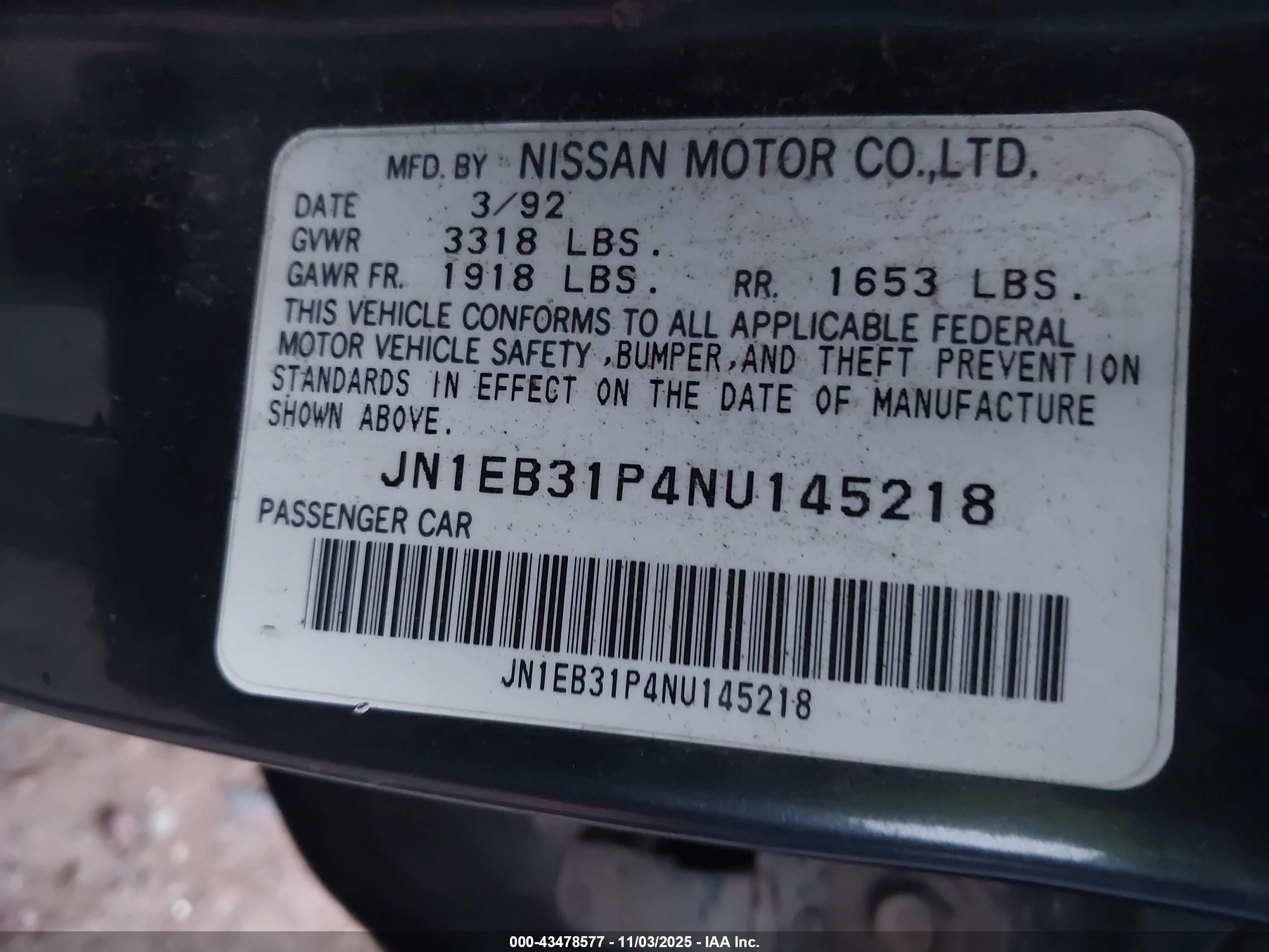 1992 Nissan Sentra   Blue vin: JN1EB31P4NU145218