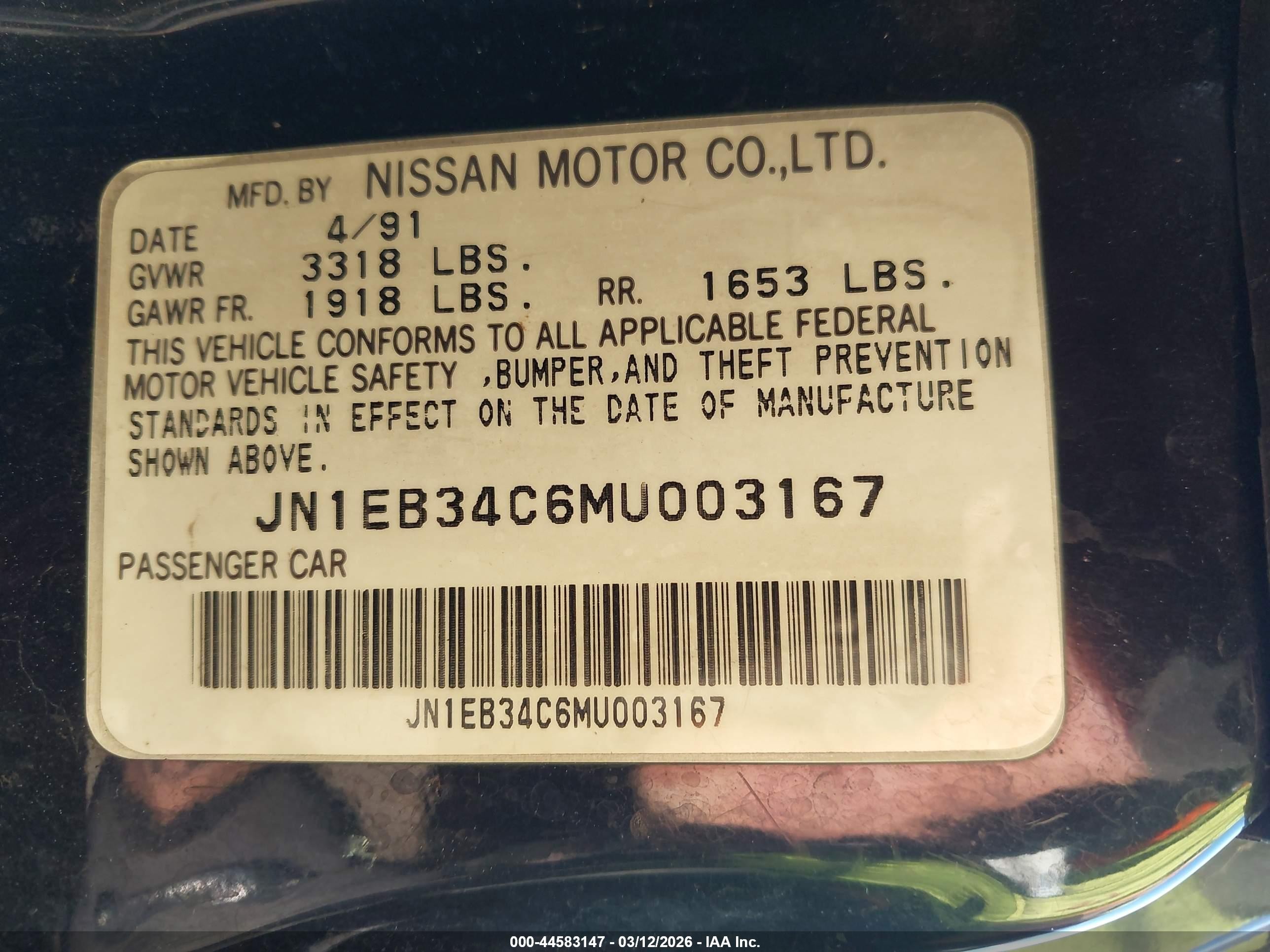 1991 Nissan Nx 1600 Black vin: JN1EB34C6MU003167