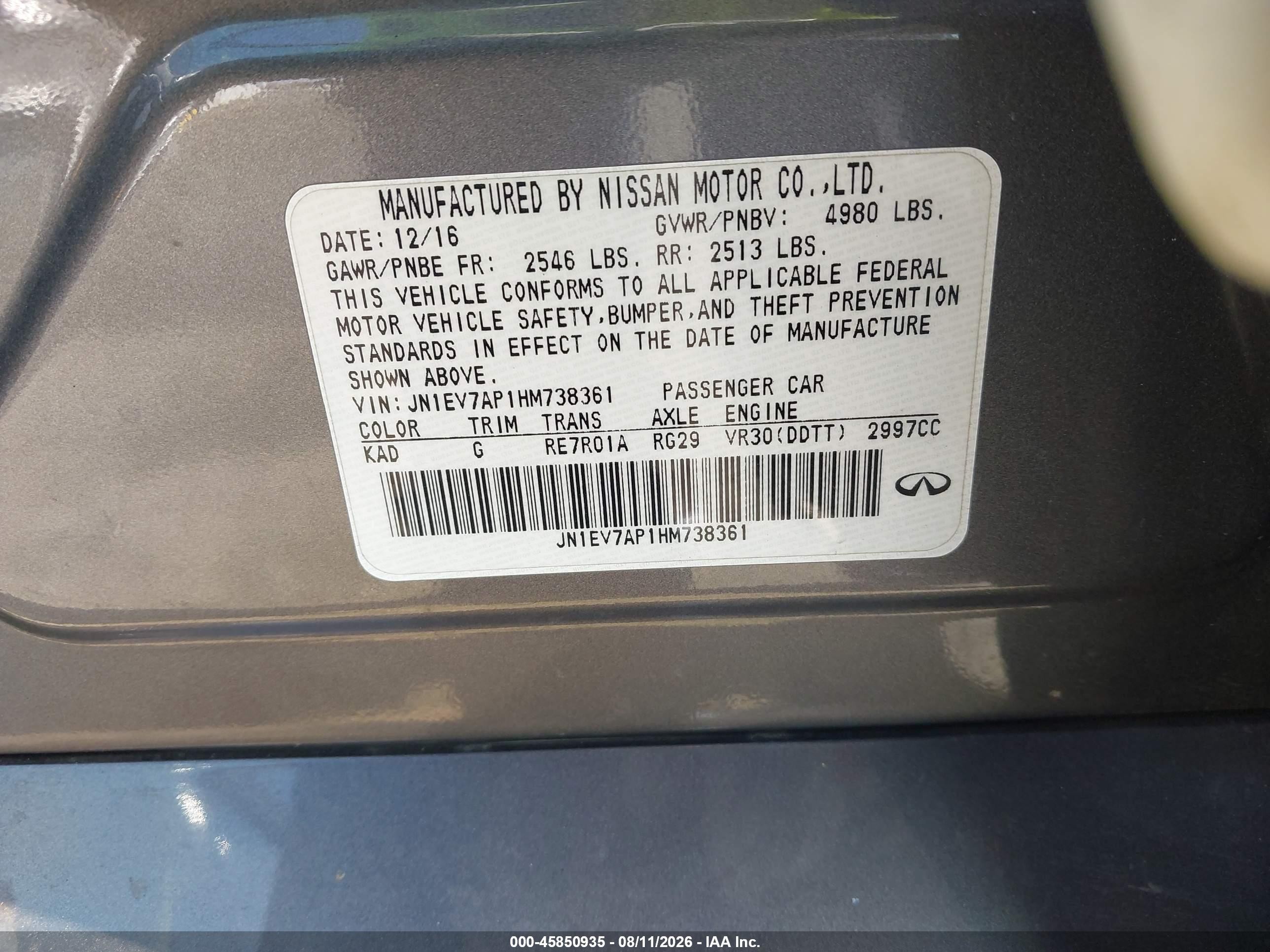 2017 Infiniti Q50 3.0t Premium Gray vin: JN1EV7AP1HM738361