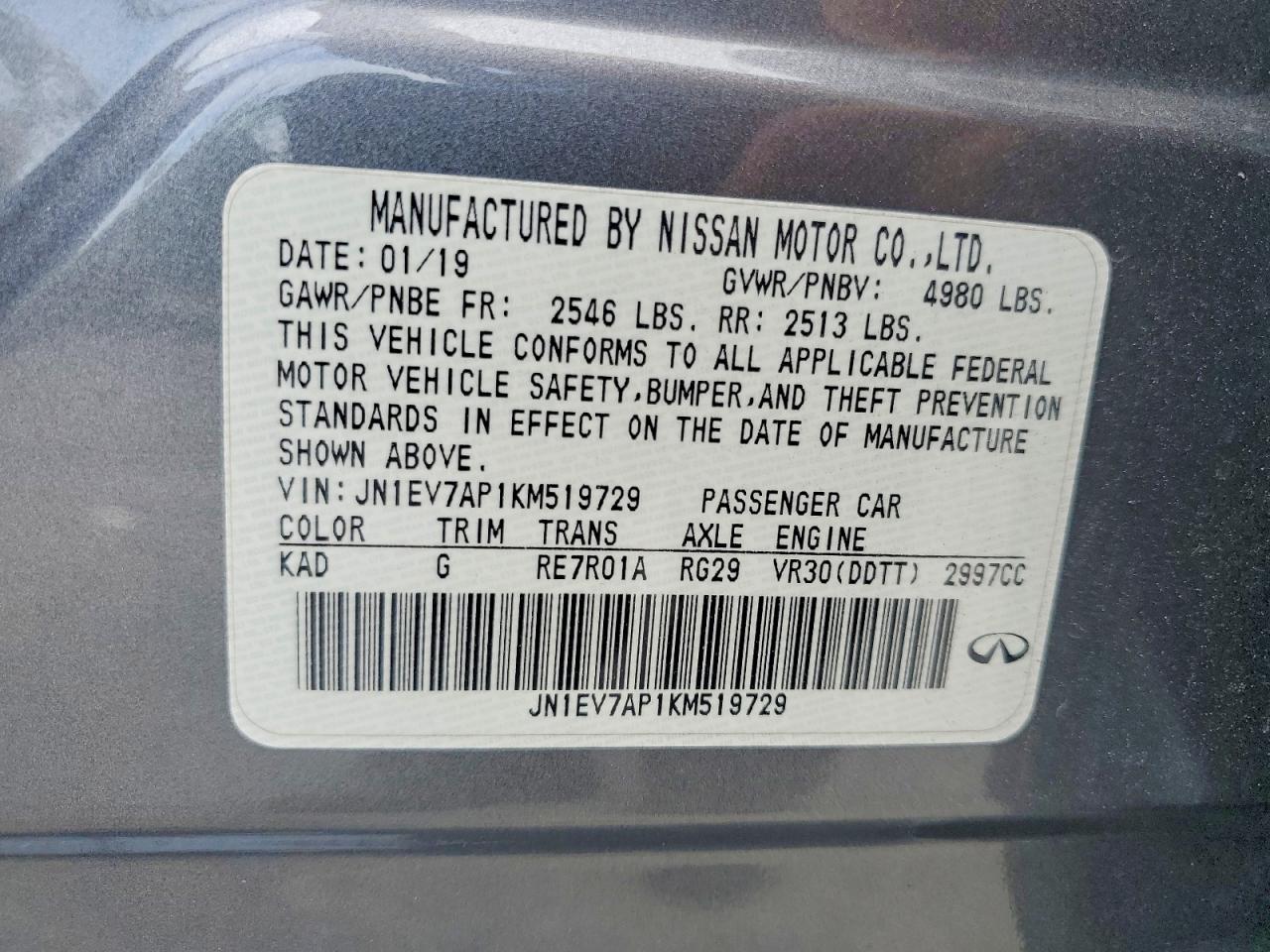 2019 Infiniti Q50 3.0t Luxe Gray vin: JN1EV7AP1KM519729