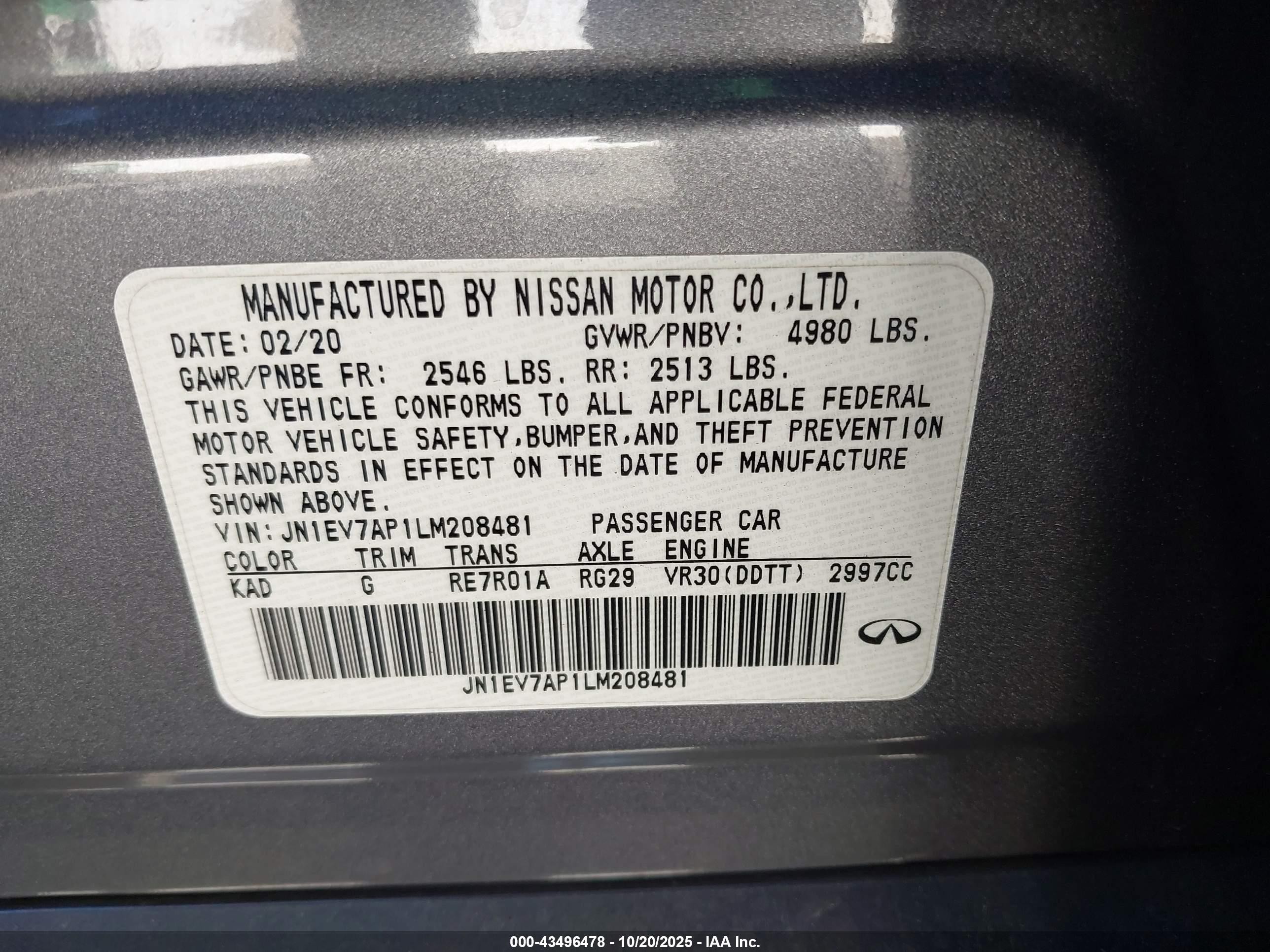 2020 Infiniti Q50 Luxe Gray vin: JN1EV7AP1LM208481