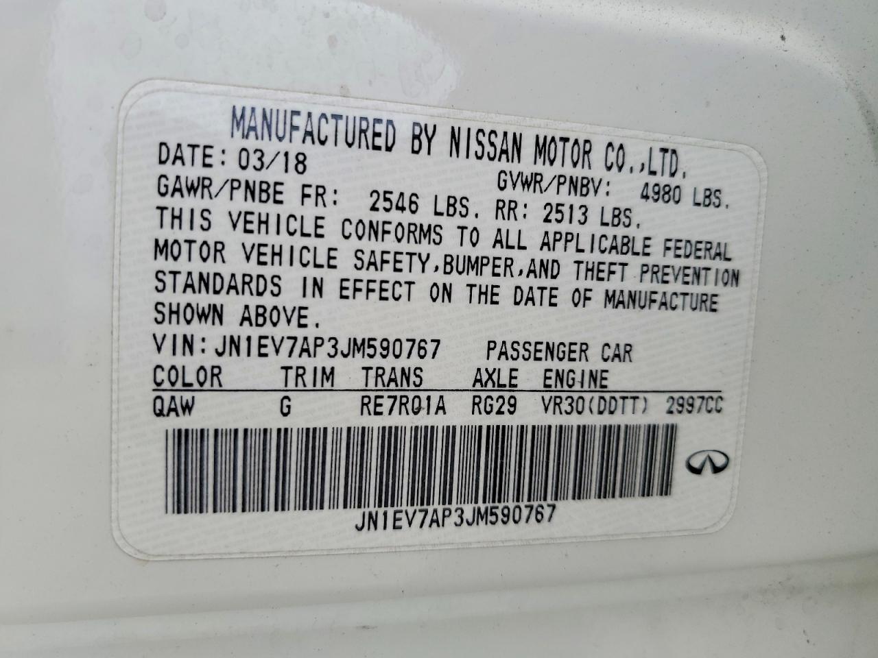 2018 Infiniti Q50 3.0t Luxe White vin: JN1EV7AP3JM590767