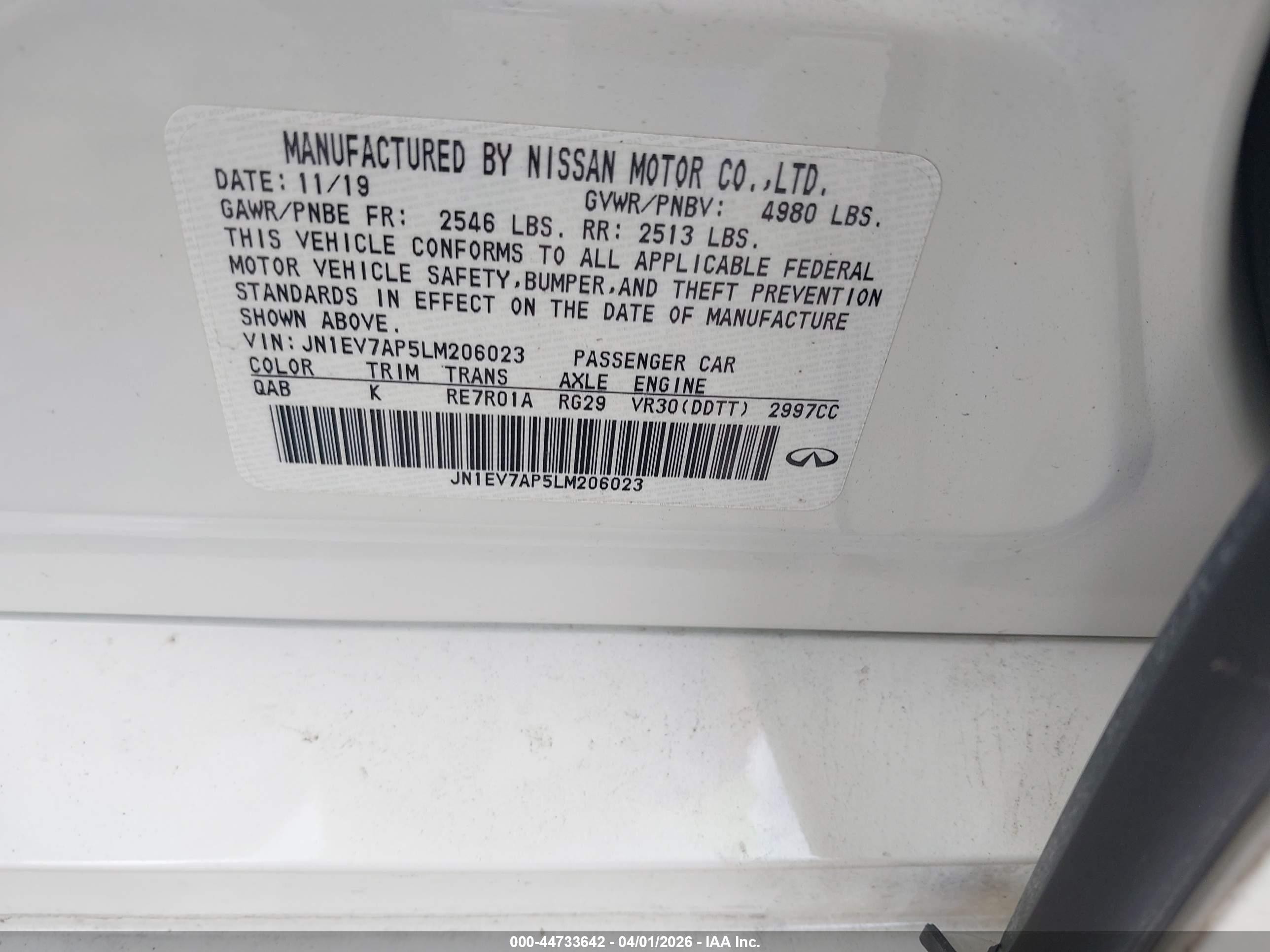2020 Infiniti Q50 Luxe White vin: JN1EV7AP5LM206023