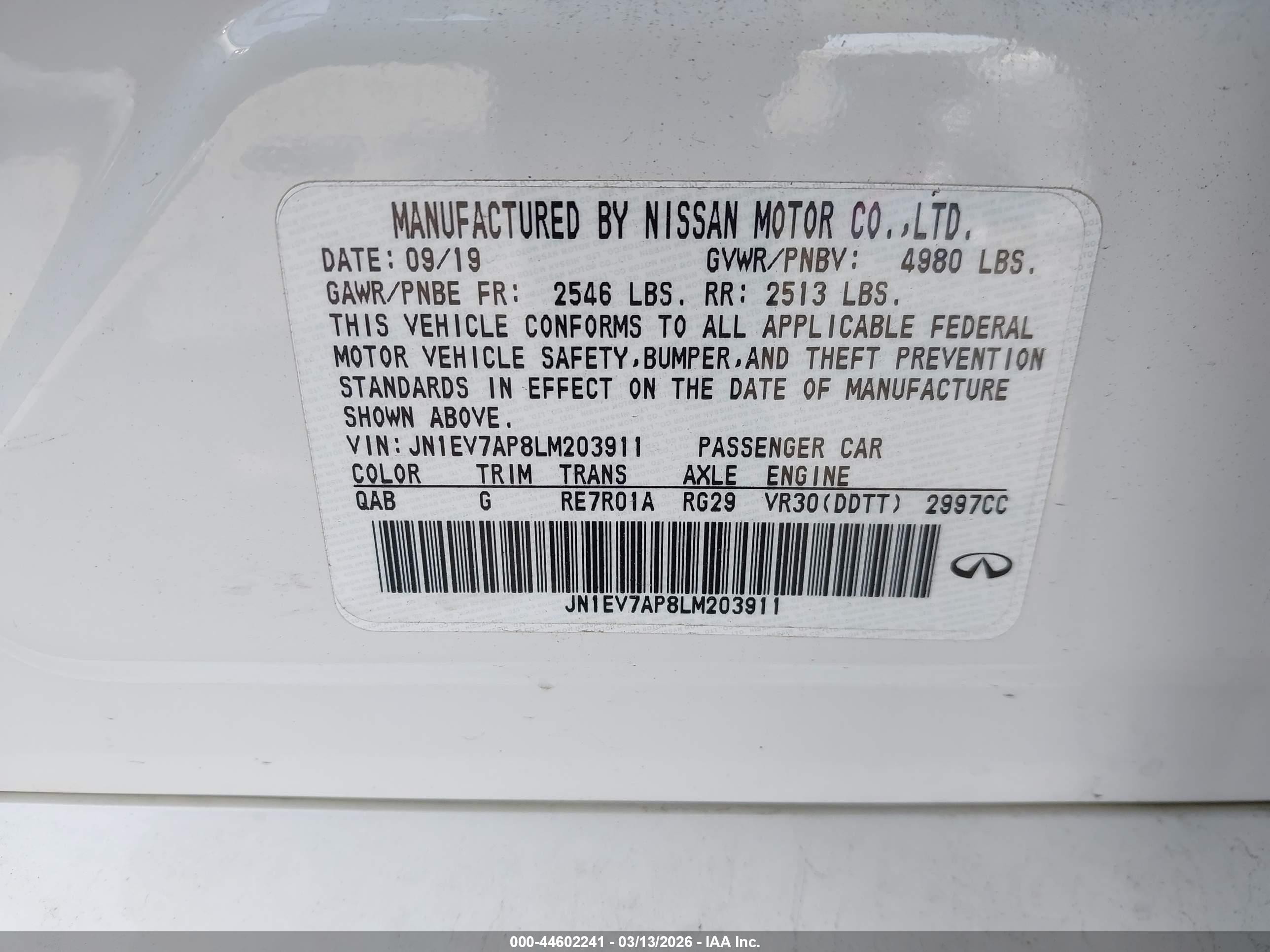 2020 Infiniti Q50 Luxe White vin: JN1EV7AP8LM203911
