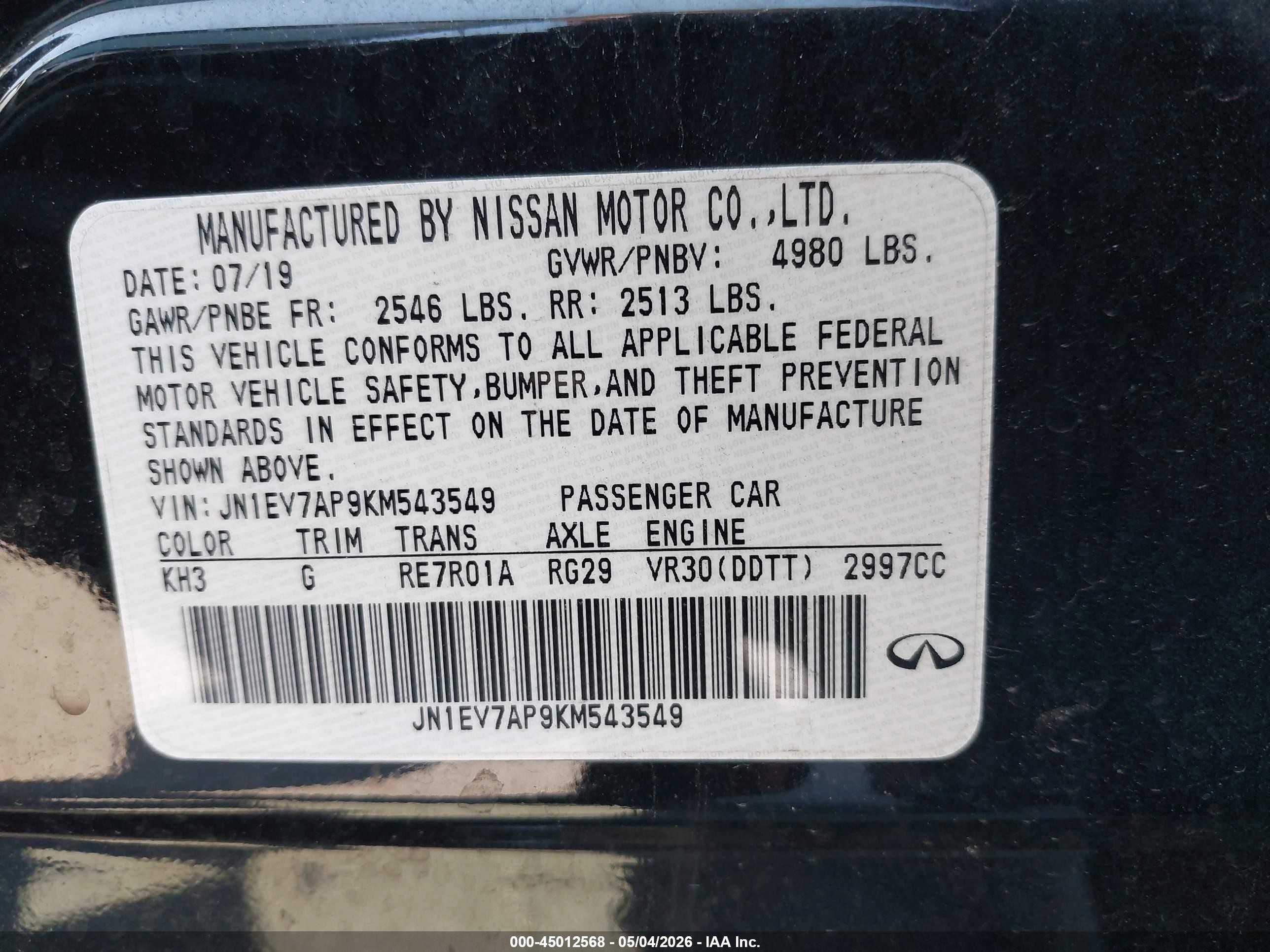 2019 Infiniti Q50 3.0t Luxe Black vin: JN1EV7AP9KM543549