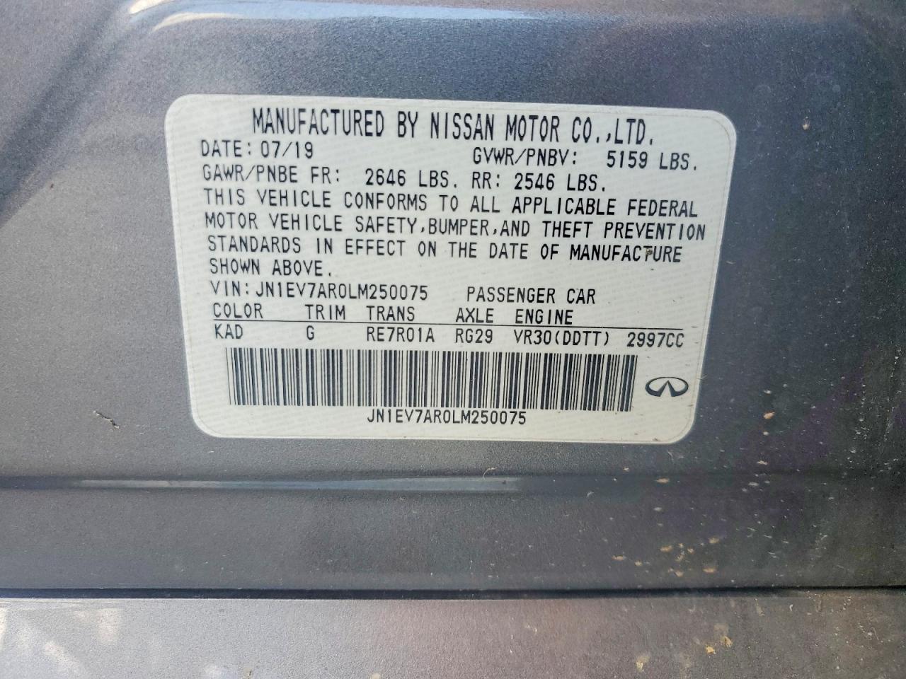 2020 Infiniti Q50 3.0t Luxe Серый vin: JN1EV7AR0LM250075