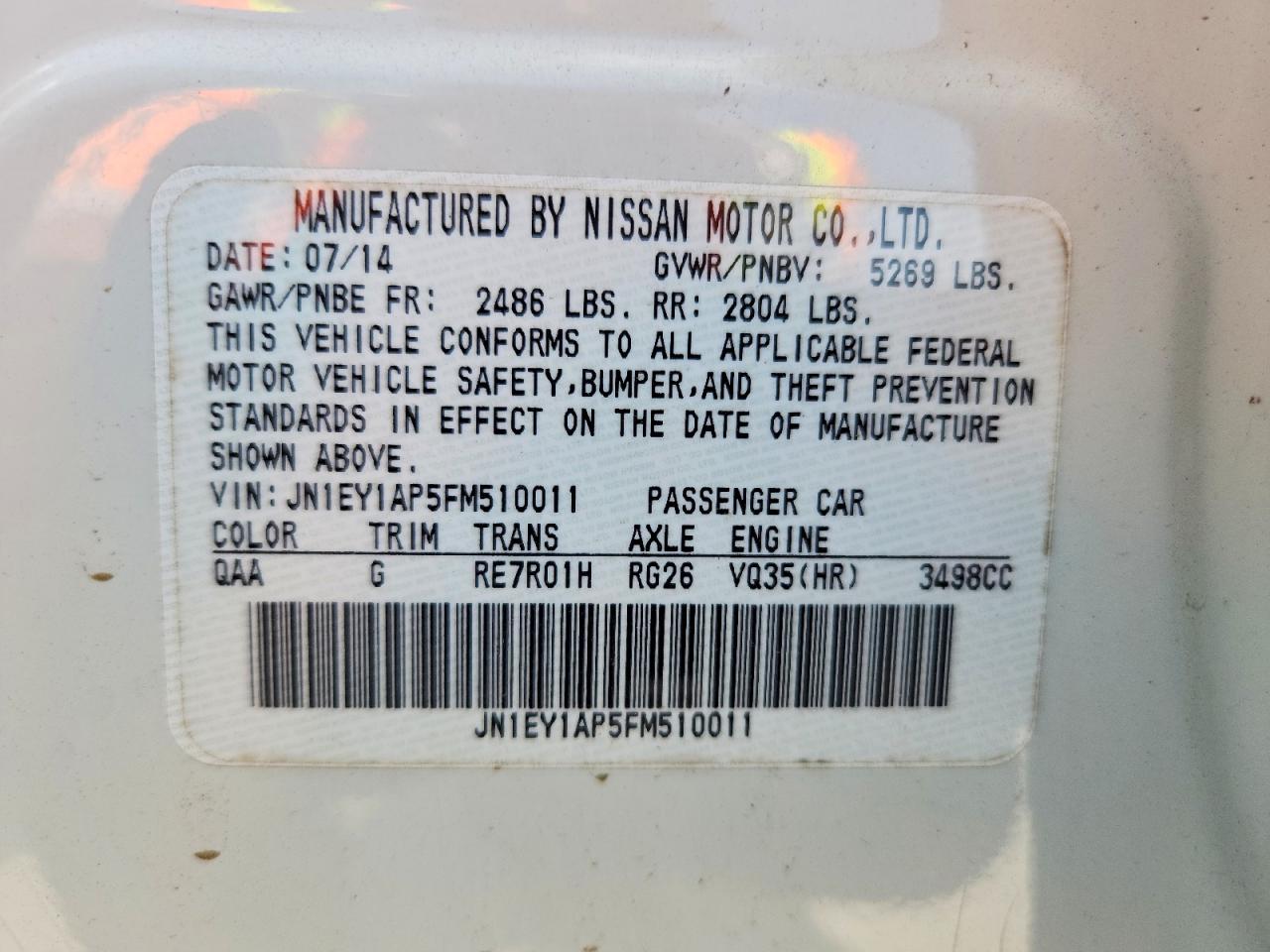 2015 Infiniti Q70 Hybrid White vin: JN1EY1AP5FM510011
