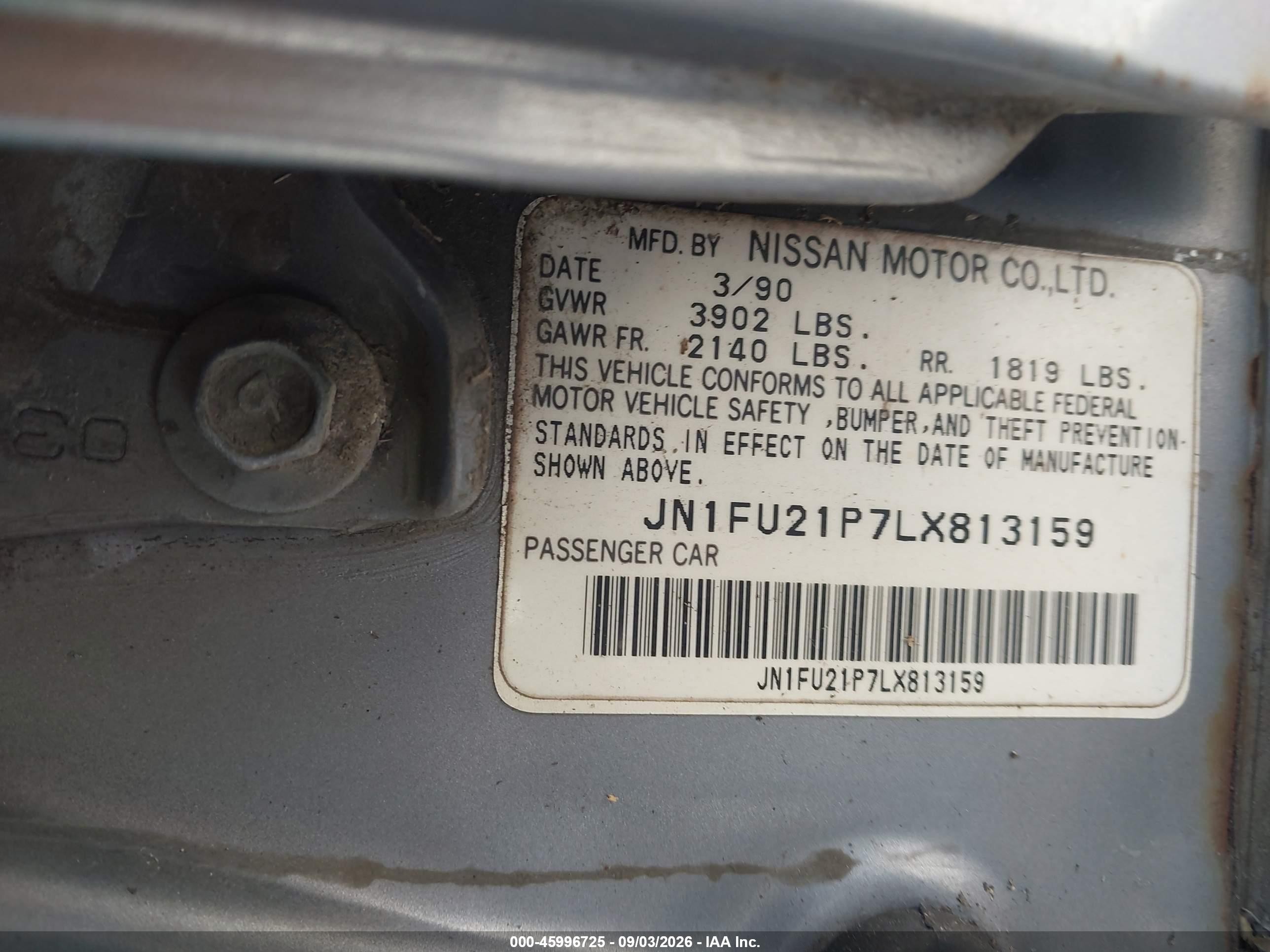 1990 Nissan Stanza Silver vin: JN1FU21P7LX813159