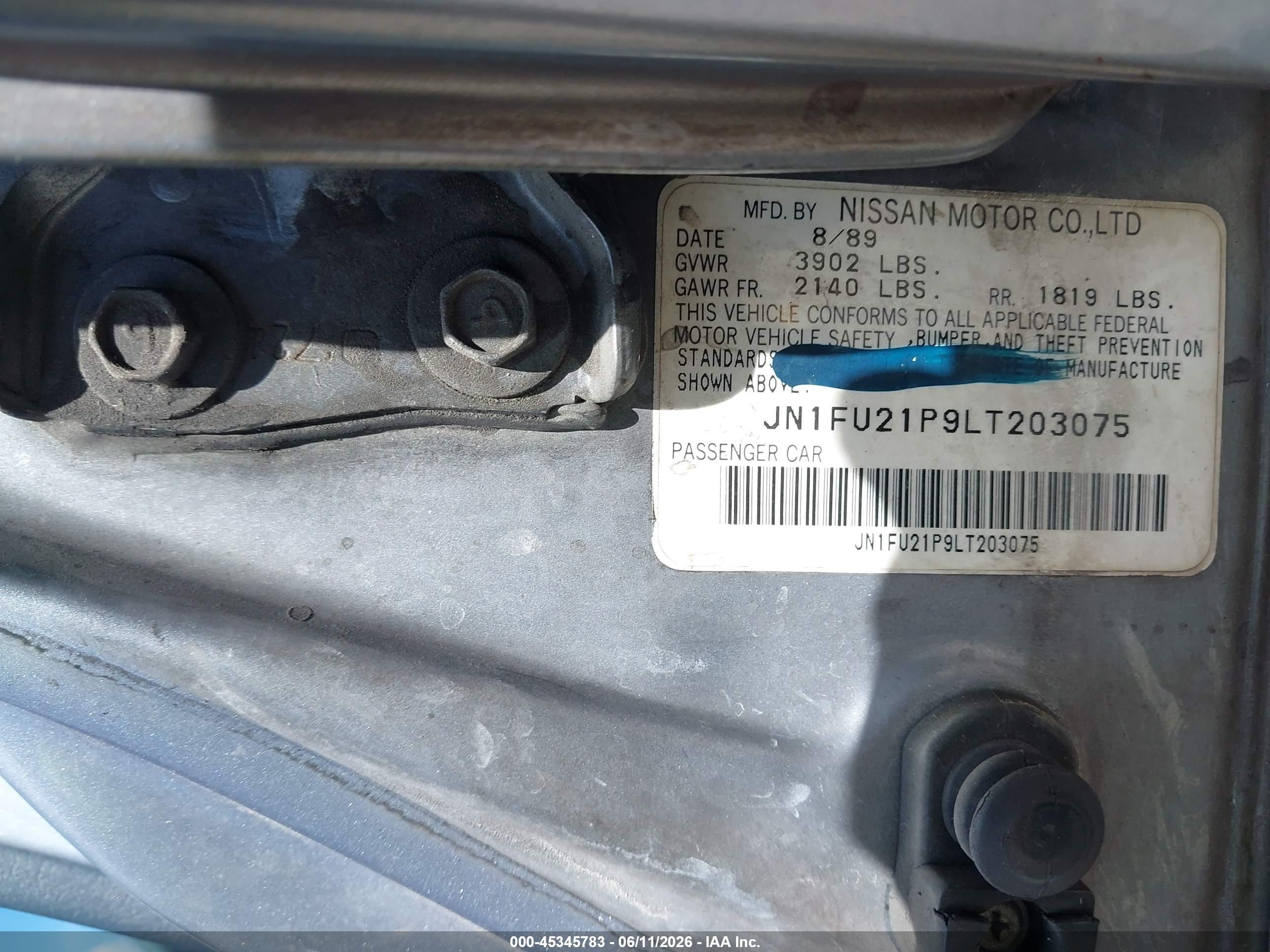 1990 Nissan Stanza Blue vin: JN1FU21P9LT203075