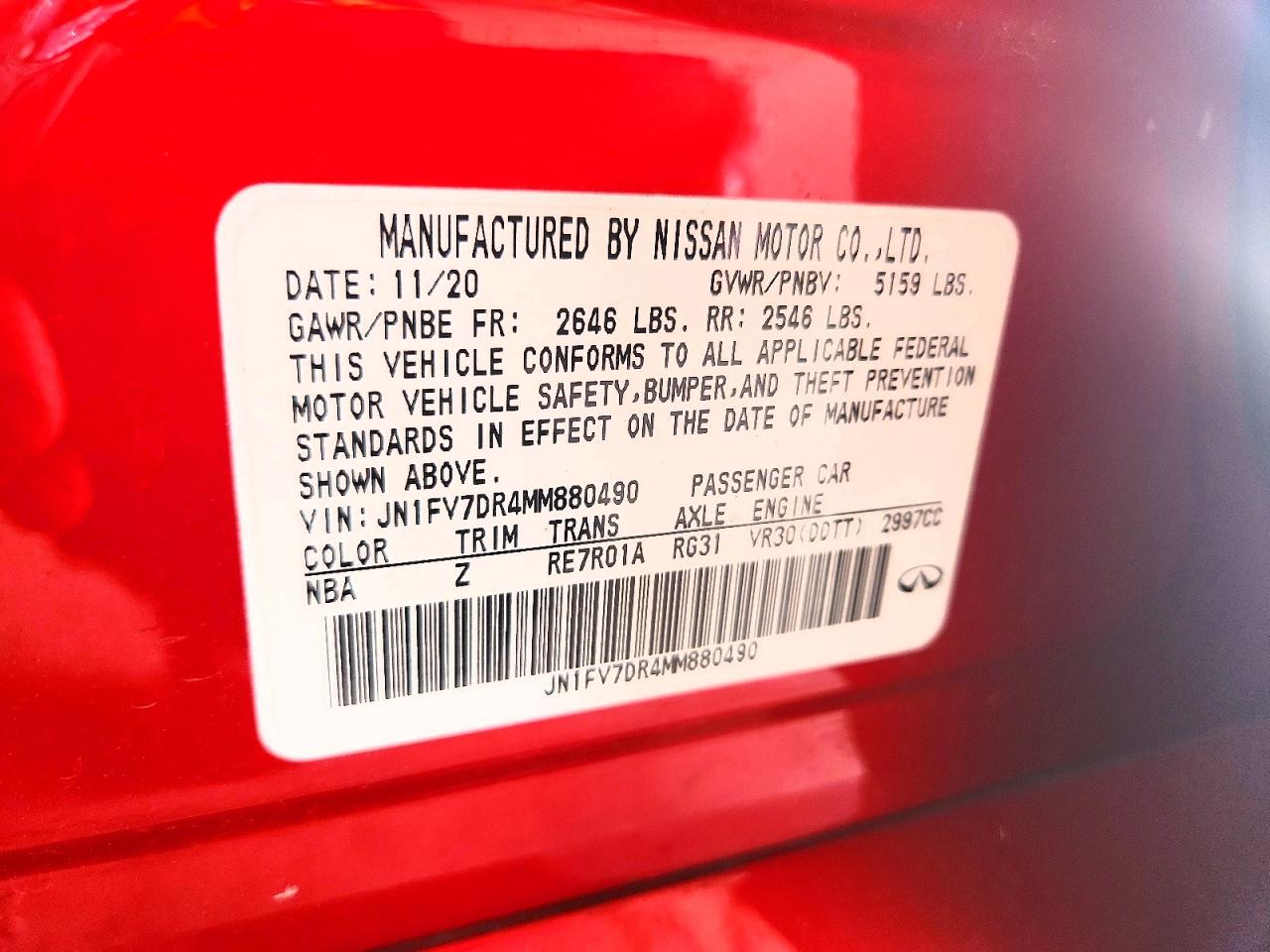 2021 Infiniti Q50 Red Sport 400 Red vin: JN1FV7DR4MM880490