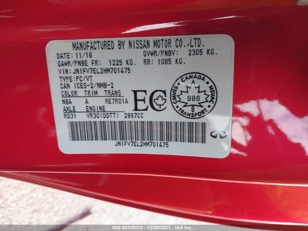2017 Infiniti Q60 3.0t Red Sport 400 Темно-бордовый vin: JN1FV7EL2HM701475