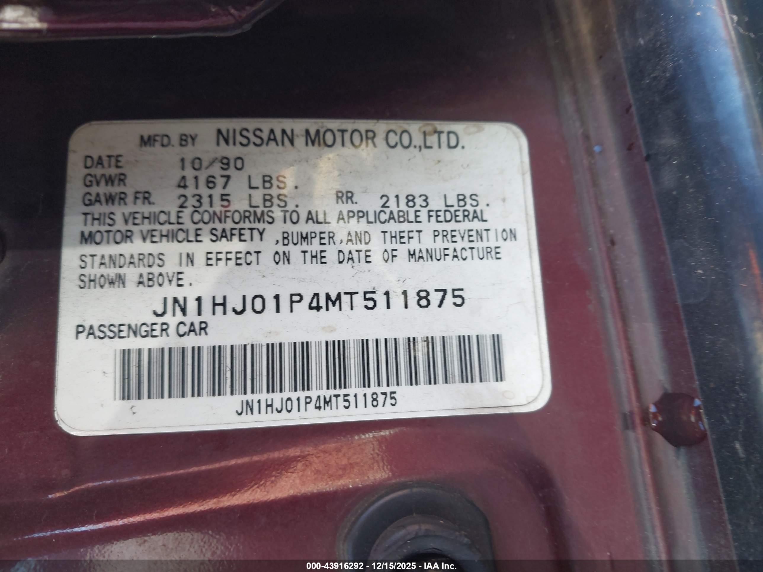 1991 Nissan Maxima   Maroon vin: JN1HJ01P4MT511875