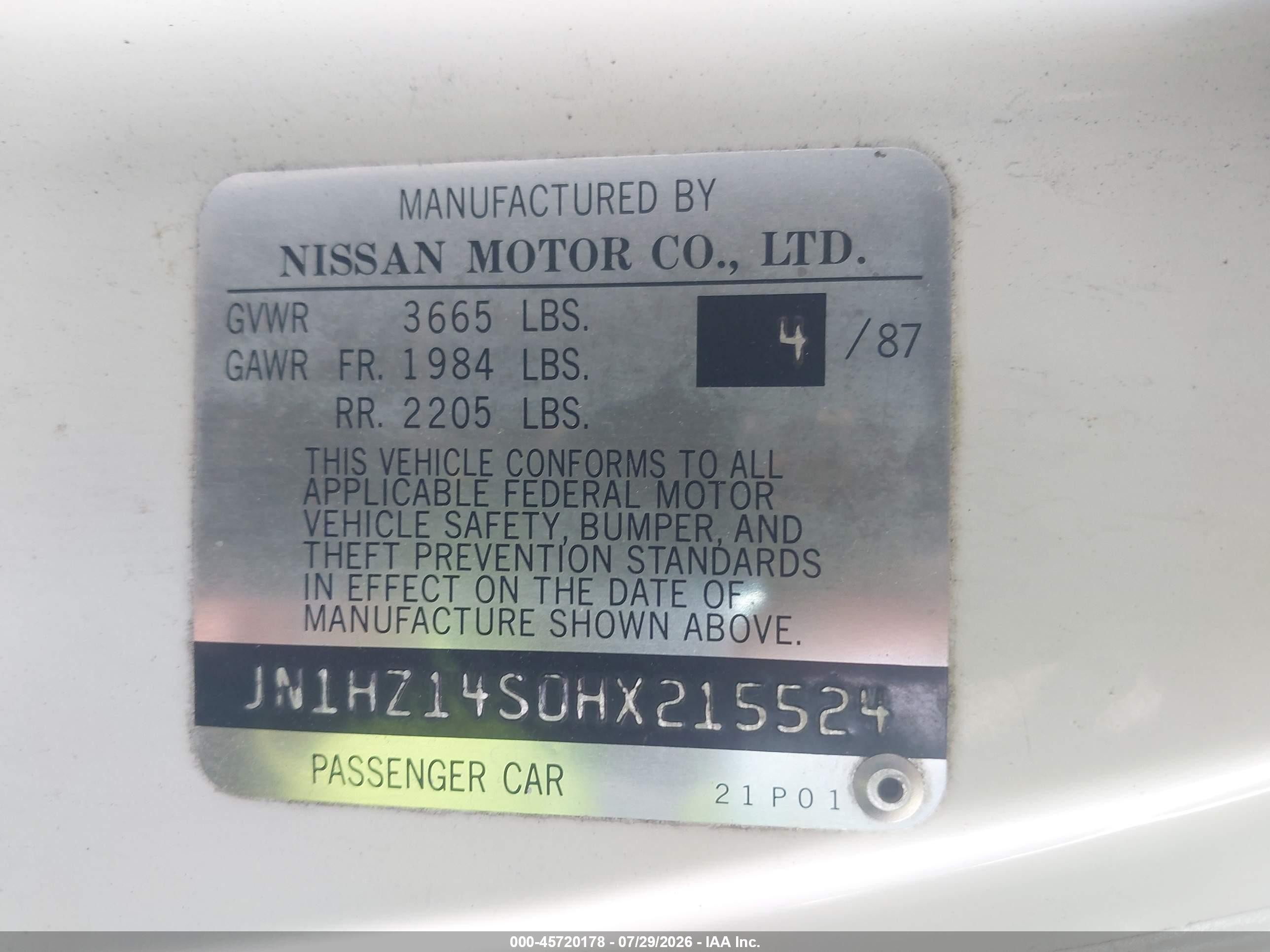 1987 Nissan 300zx   White vin: JN1HZ14S0HX215524