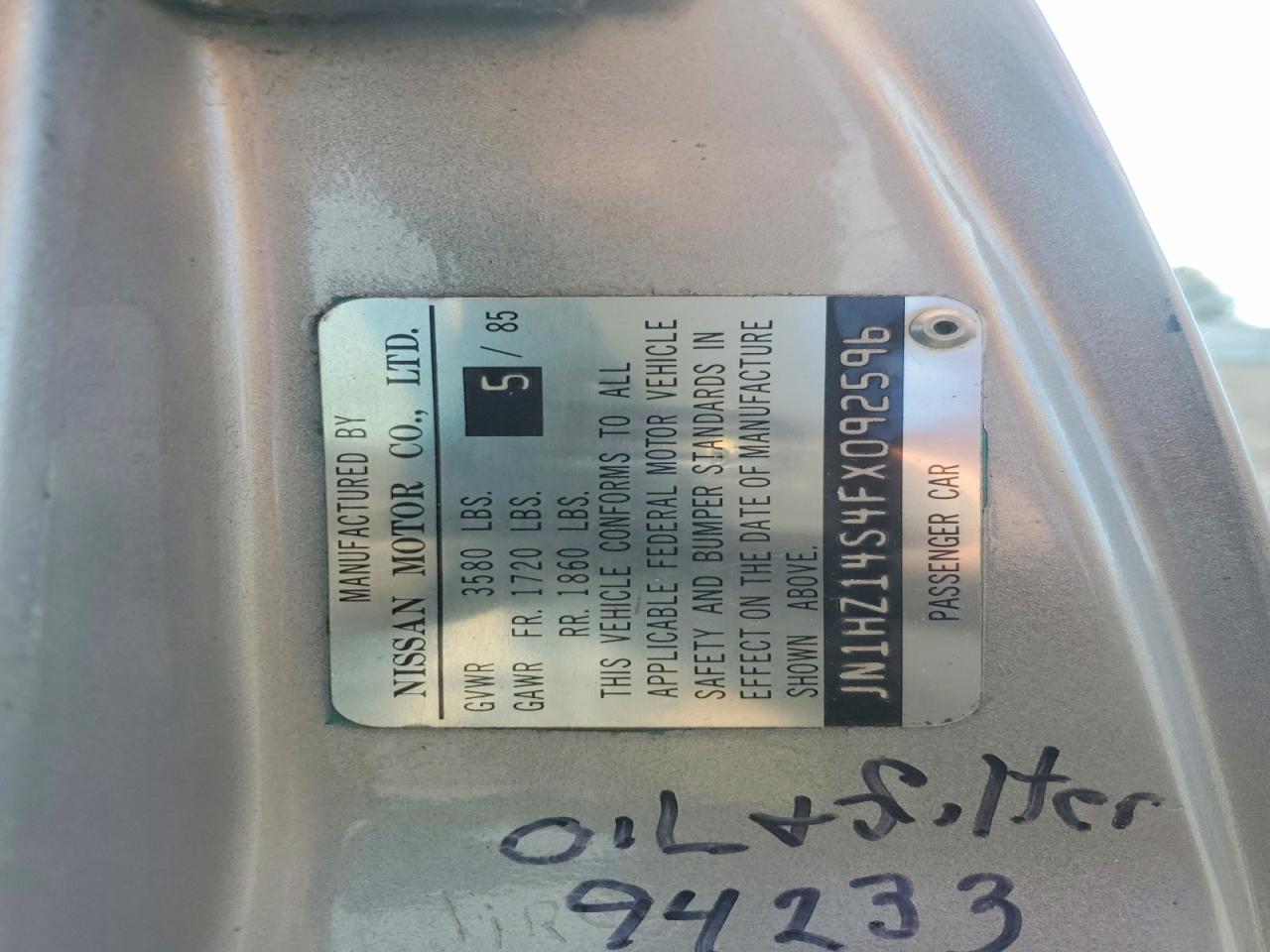 1985 Nissan 300zx Base Silver vin: JN1HZ14S4FX092596