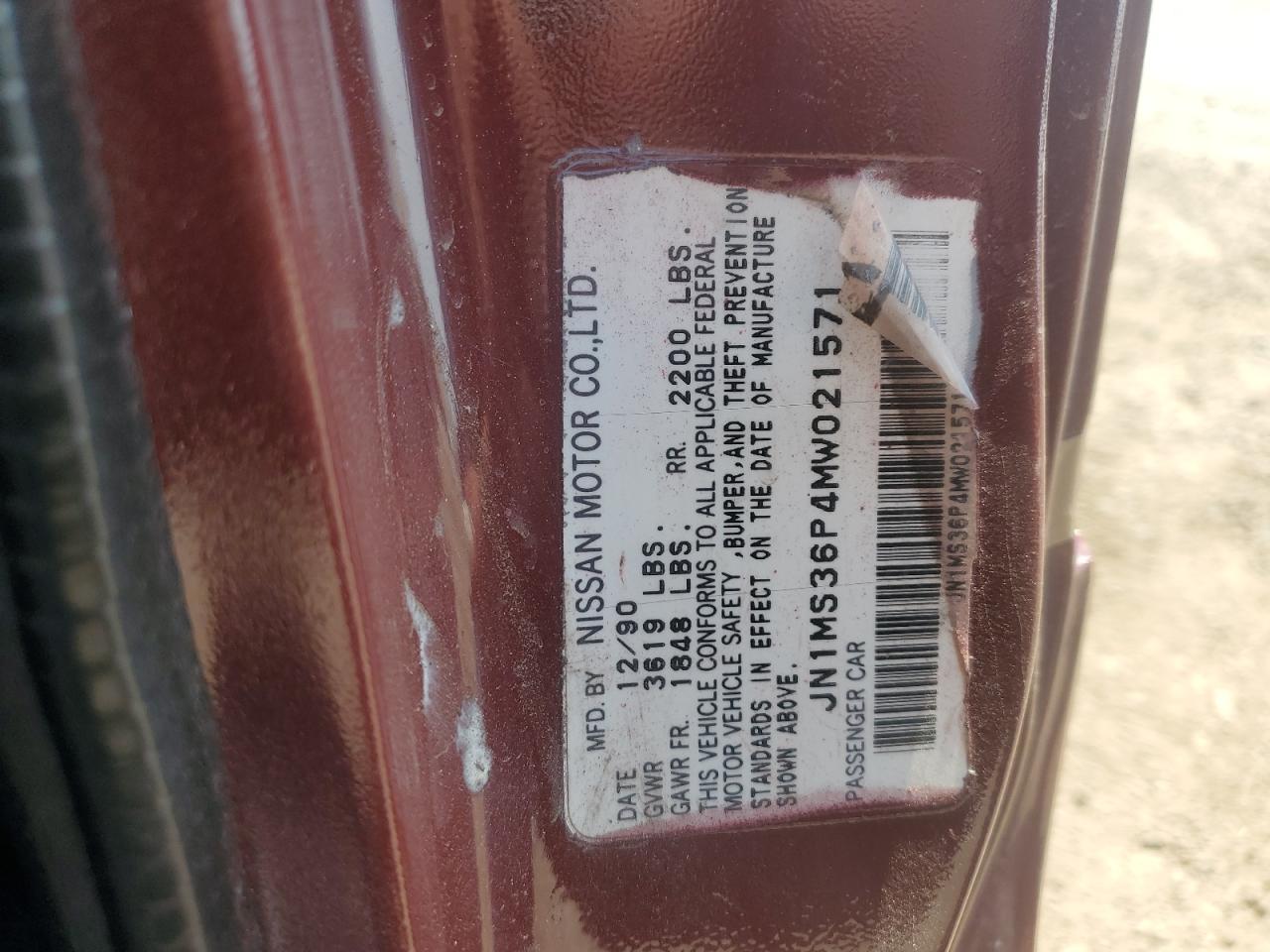 1991 Nissan 240sx Base Burgundy vin: JN1MS36P4MW021571