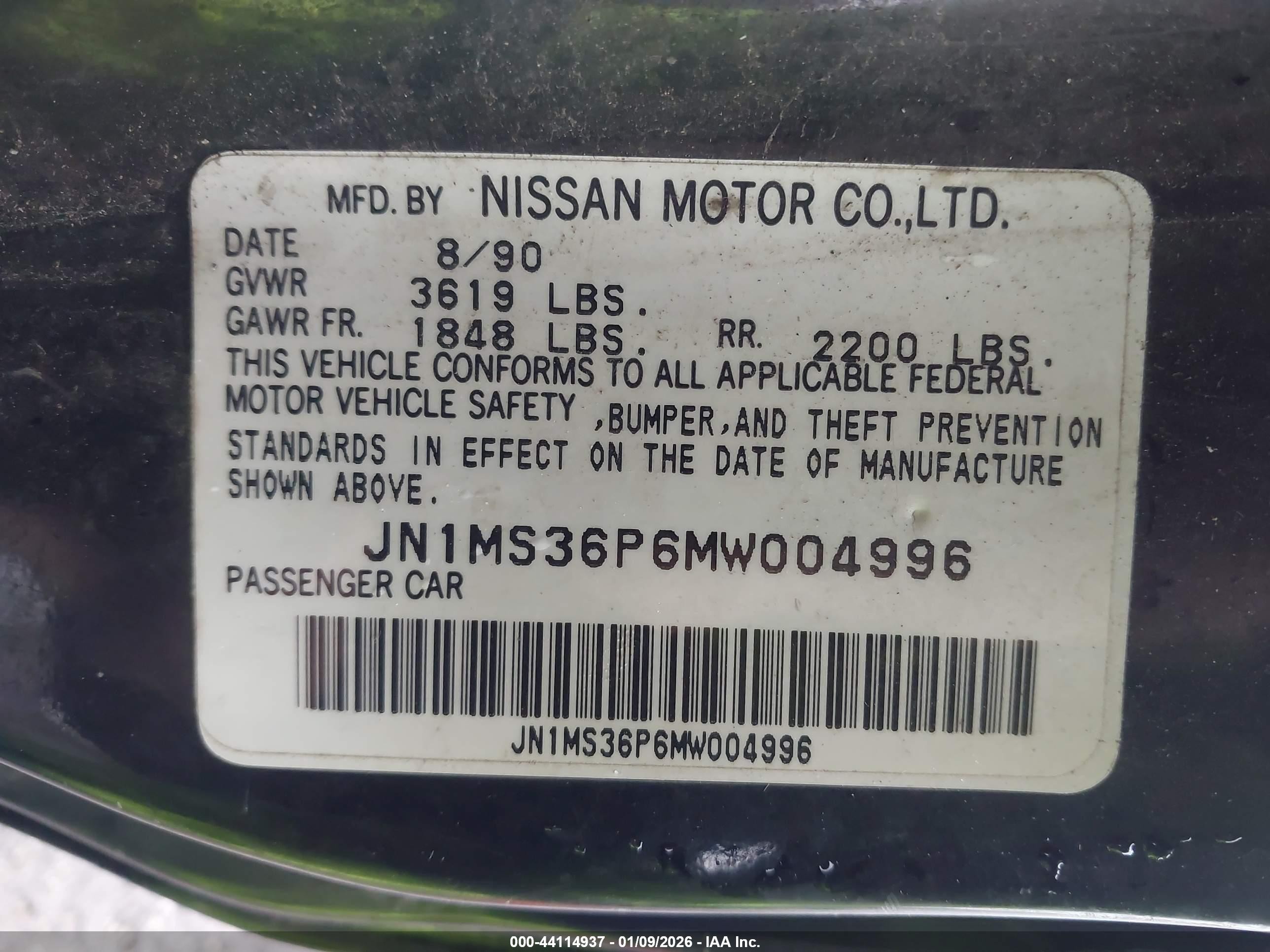 1991 Nissan 240sx Le/se Black vin: JN1MS36P6MW004996