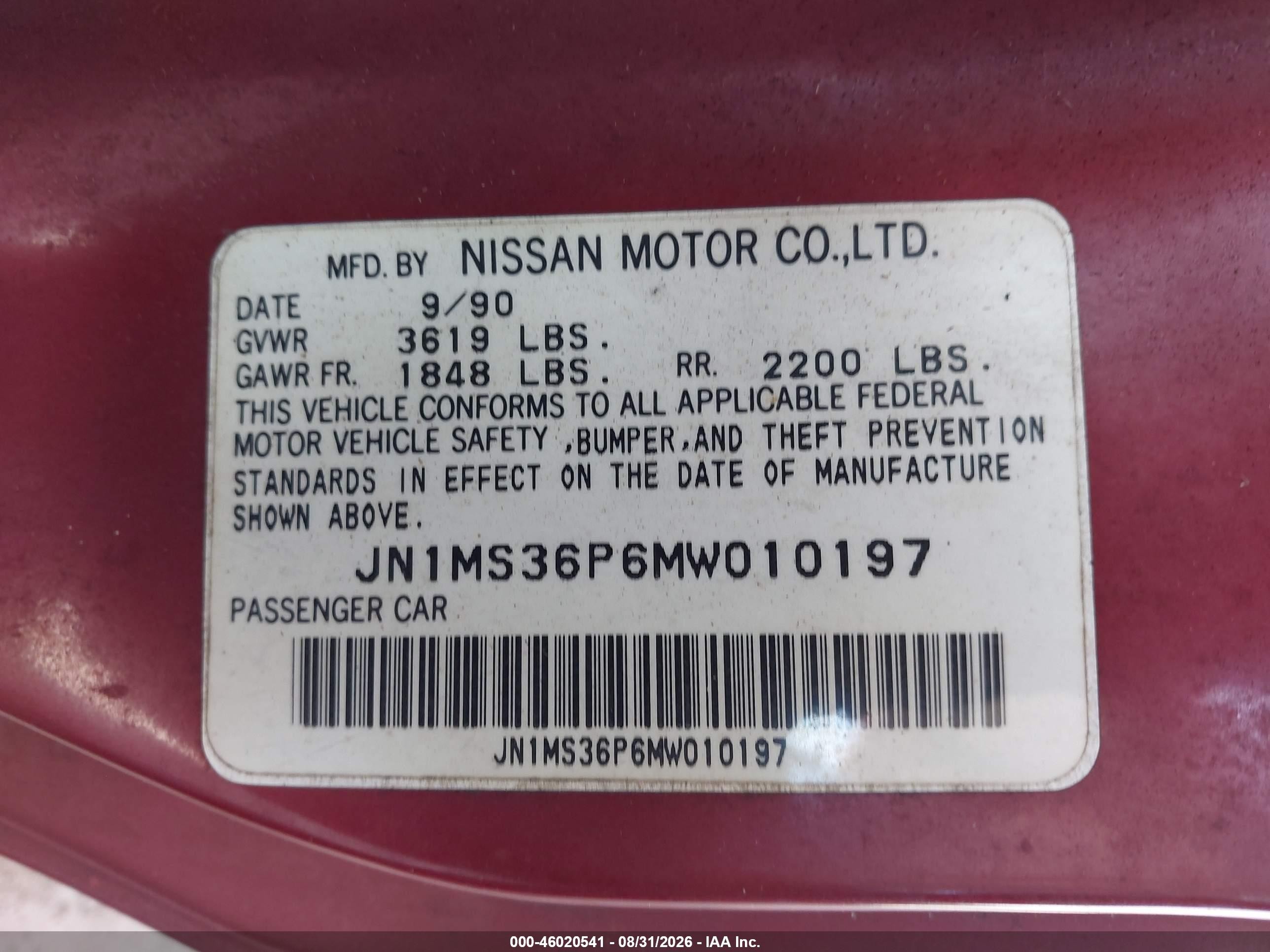 1991 Nissan 240sx Le/se Maroon vin: JN1MS36P6MW010197